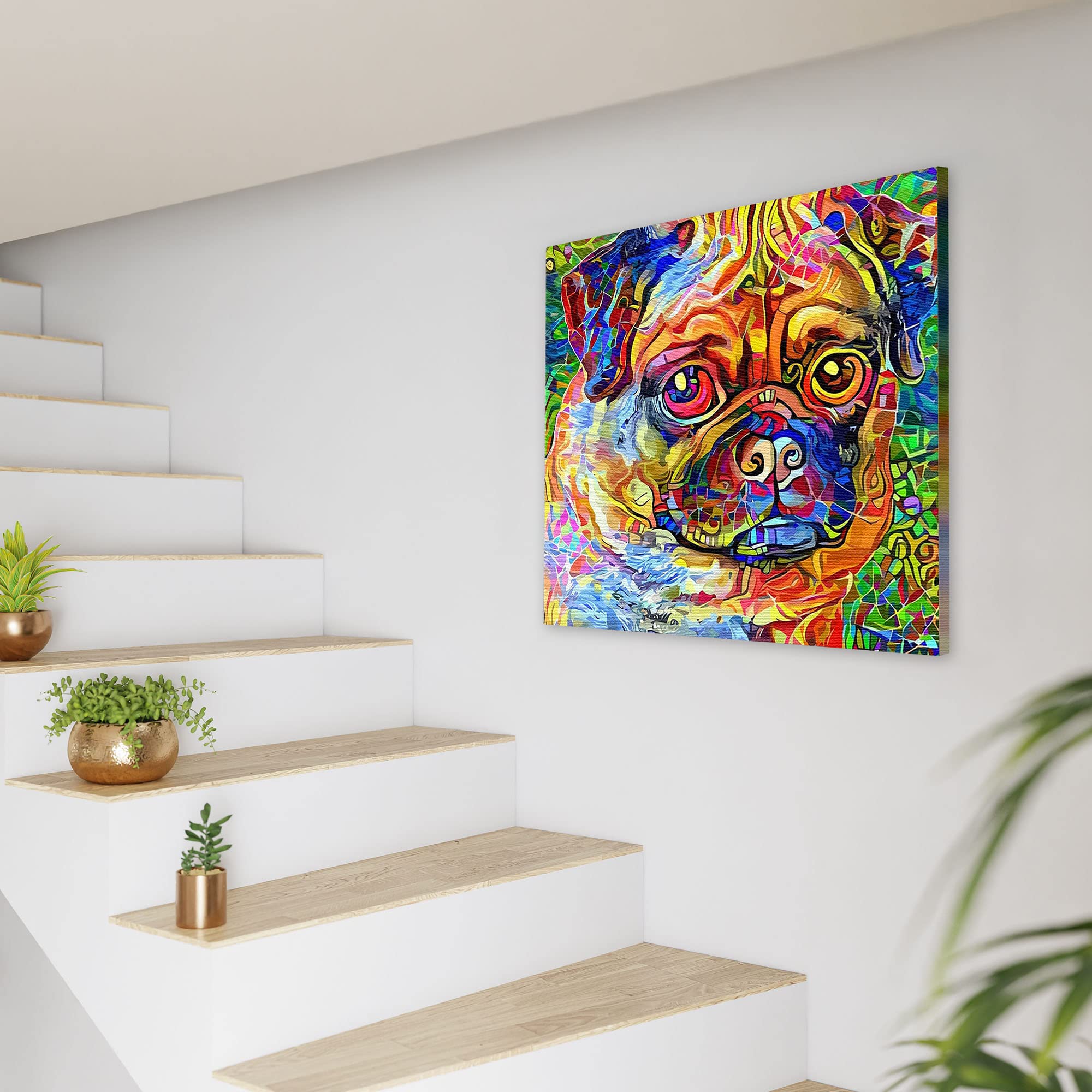Colorful abstract pug dog art with vibrant multicolor geometric and mosaic patterns on square canvas hanging on white wall