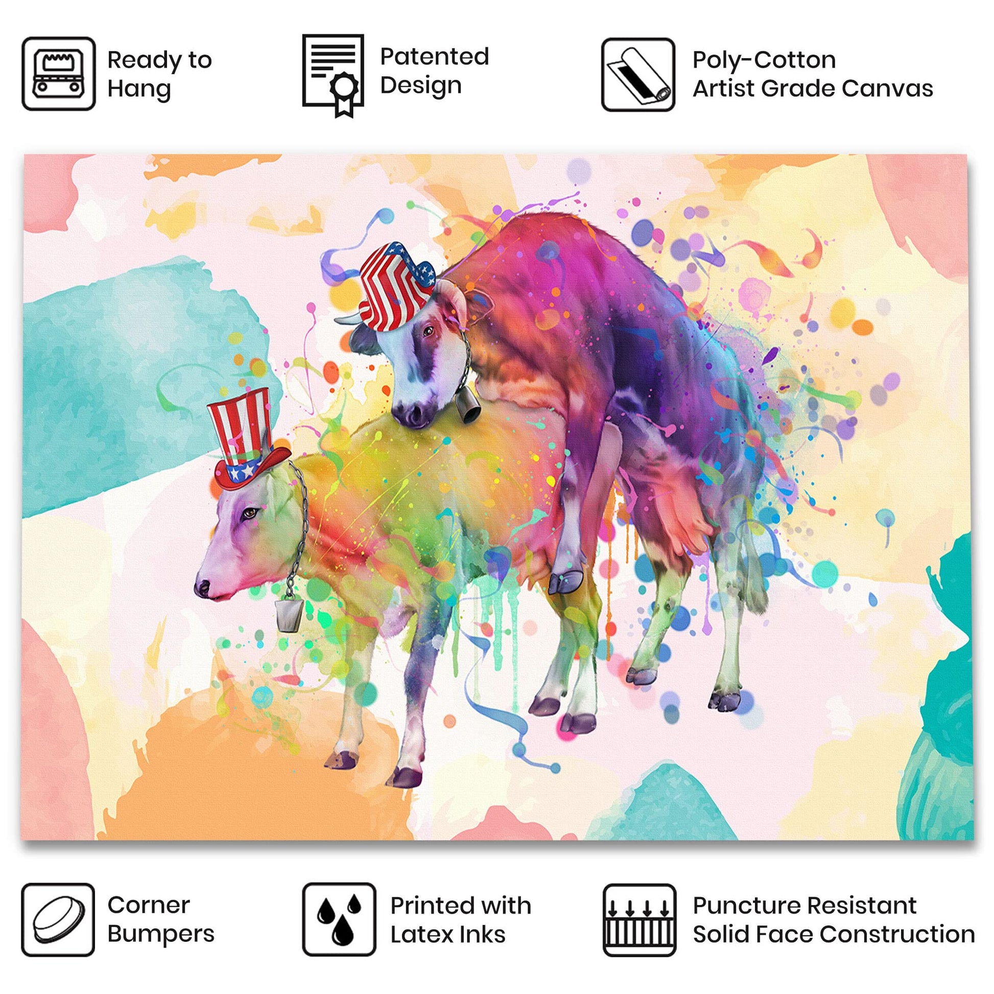 Colorful watercolor funny rude cows bathroom wall art with two cows wearing patriotic USA hats on abstract splash background