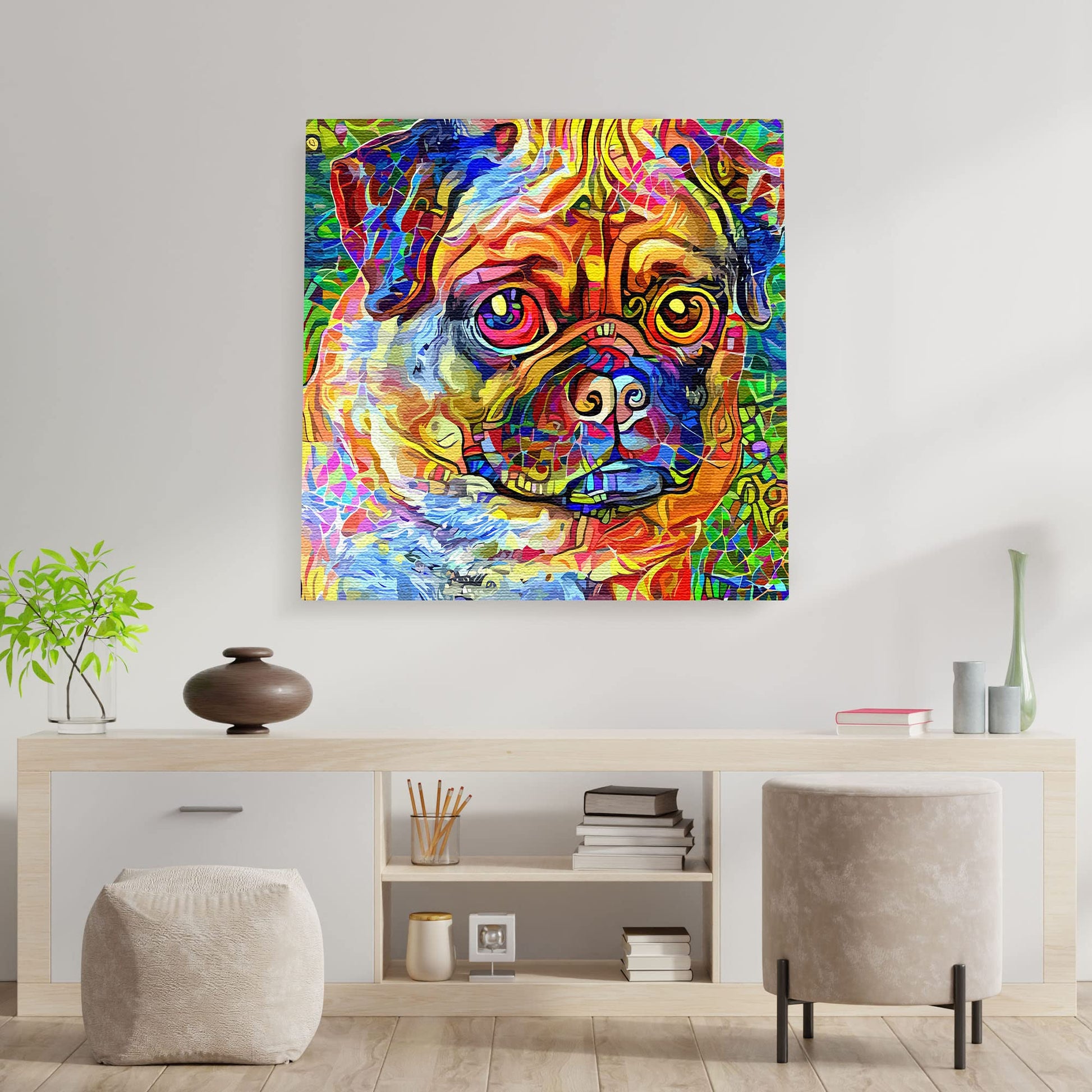 Bright pug dog wall art with vibrant multicolor geometric and mosaic patterns on square canvas hanging on white wall above desk