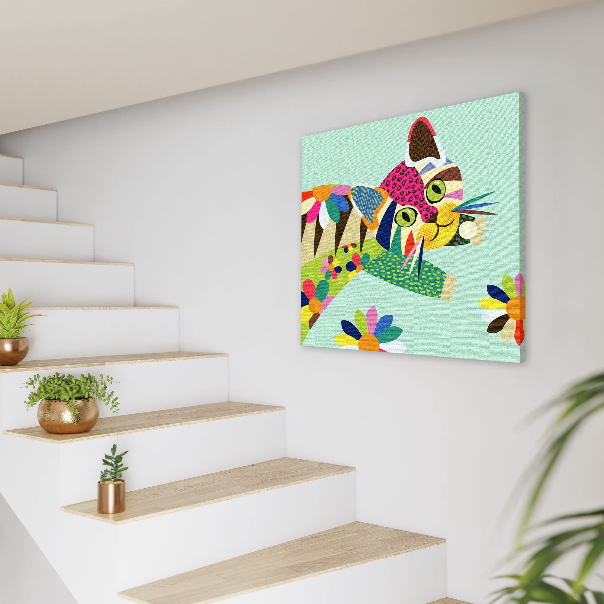 Colorful cute cat kitten wall art with vibrant multicolor geometric shapes and bold lines on light mint green canvas above stairs