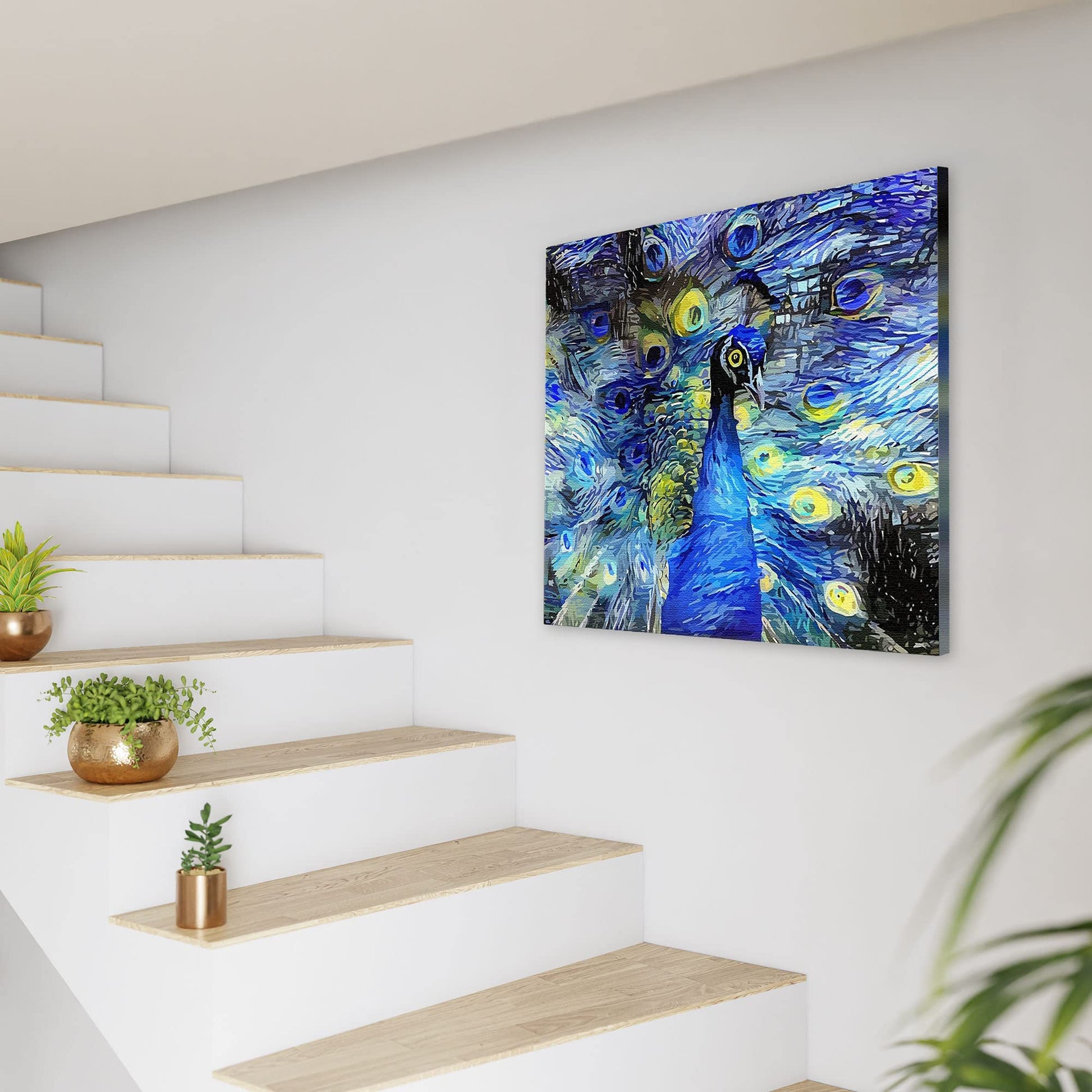 Blue abstract peacock with vibrant geometric and swirling colorful digital patterns on square wall art above modern staircase