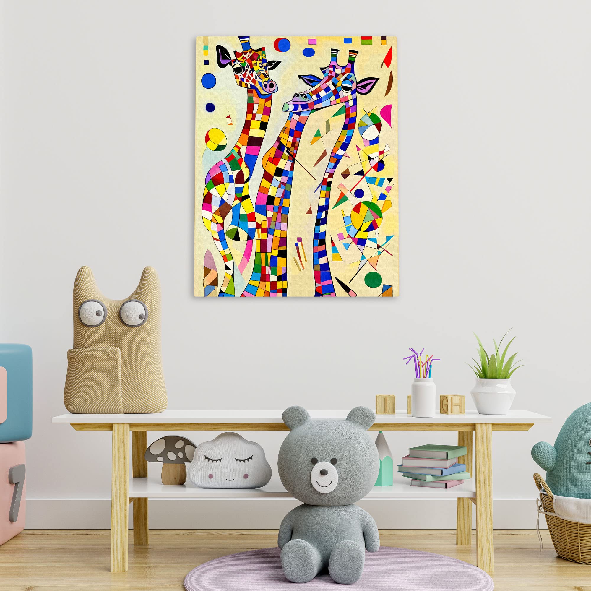 Colorful geometric giraffe artwork canvas with vibrant abstract shapes in modern minimalist kids room wall decor setting