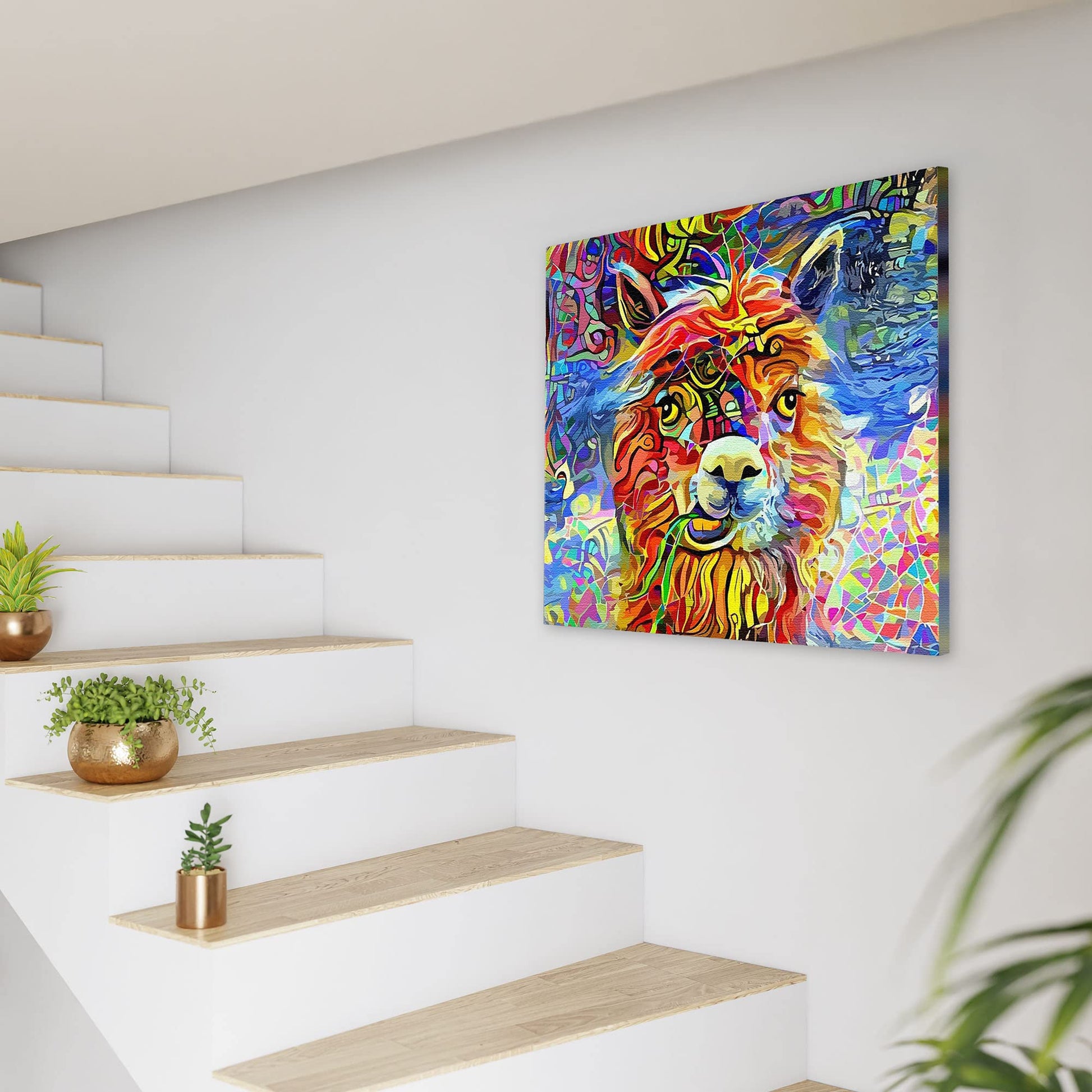 Colorful geometric alpaca canvas art with vibrant hues of red, yellow, blue, green, and pink in abstract mosaic patterns