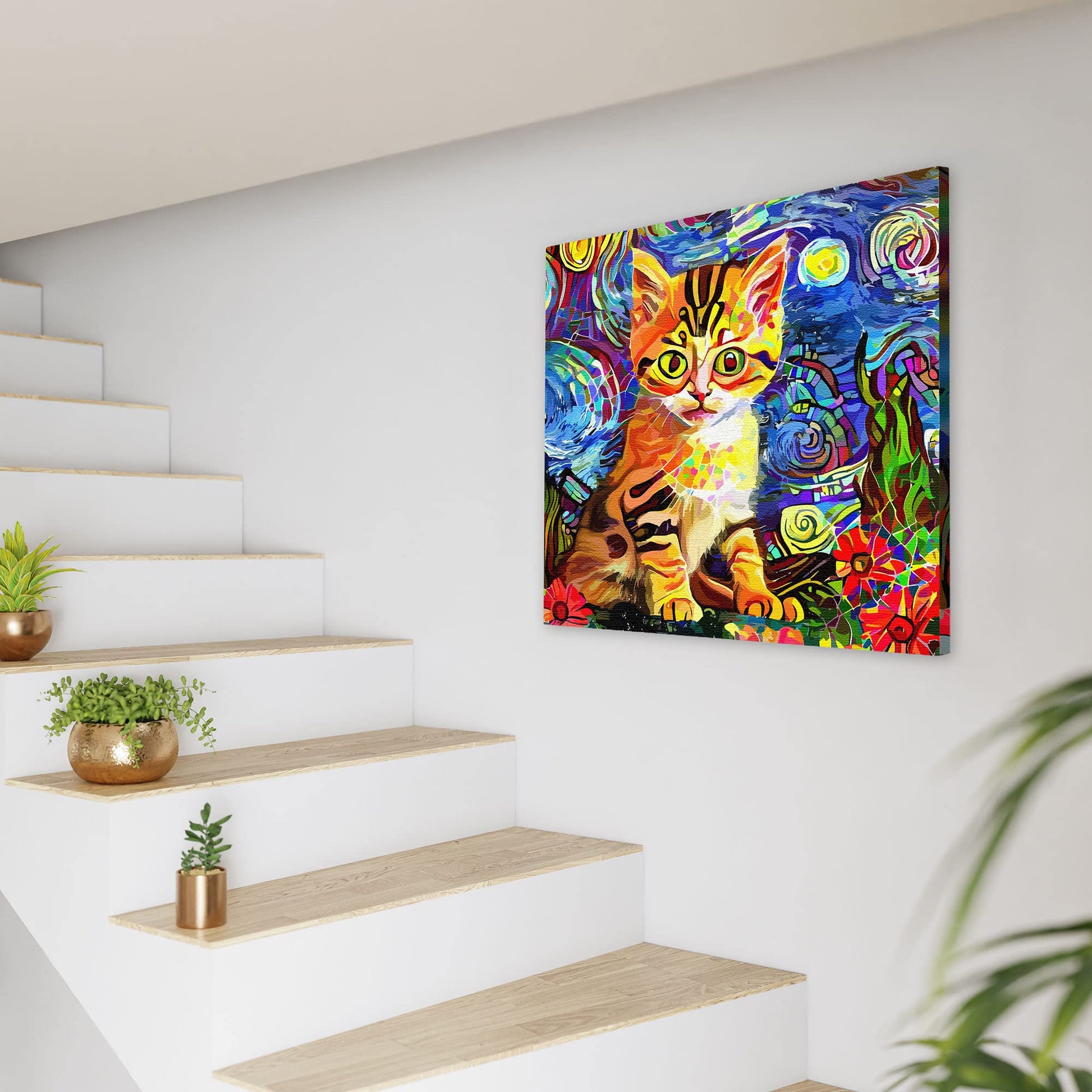 Bright colorful kitten wall art with vibrant orange and black stripes surrounded by swirling abstract blue and green background