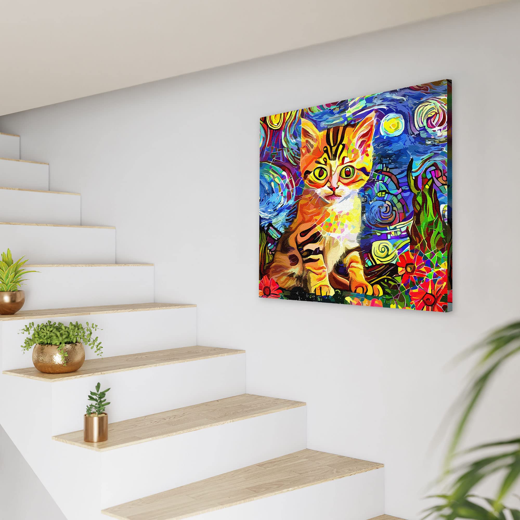 Bright colorful kitten wall art with vibrant orange and black stripes surrounded by swirling abstract blue and green background