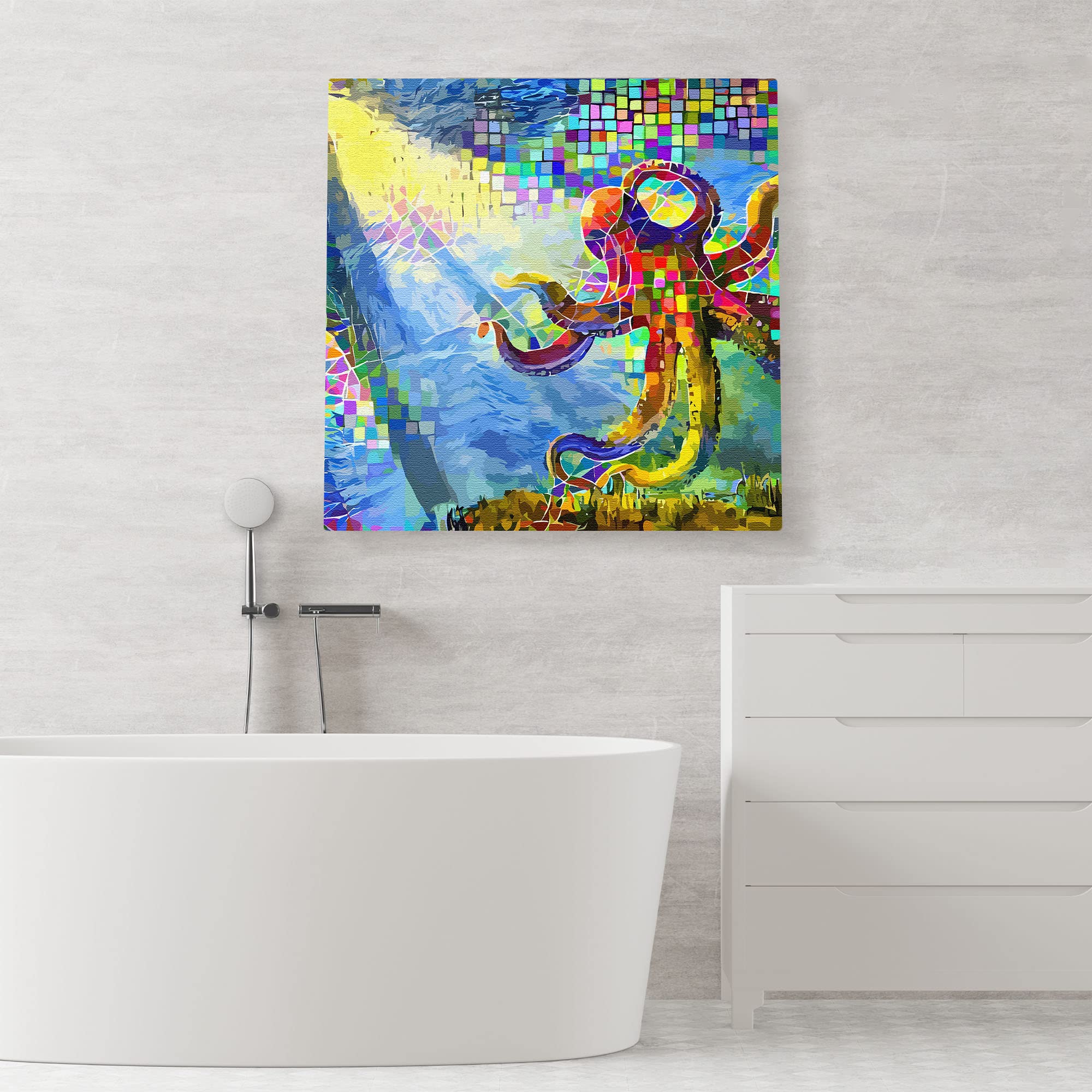 Colorful abstract underwater octopus with vibrant geometric patterns on square canvas wall art in modern bathroom setting