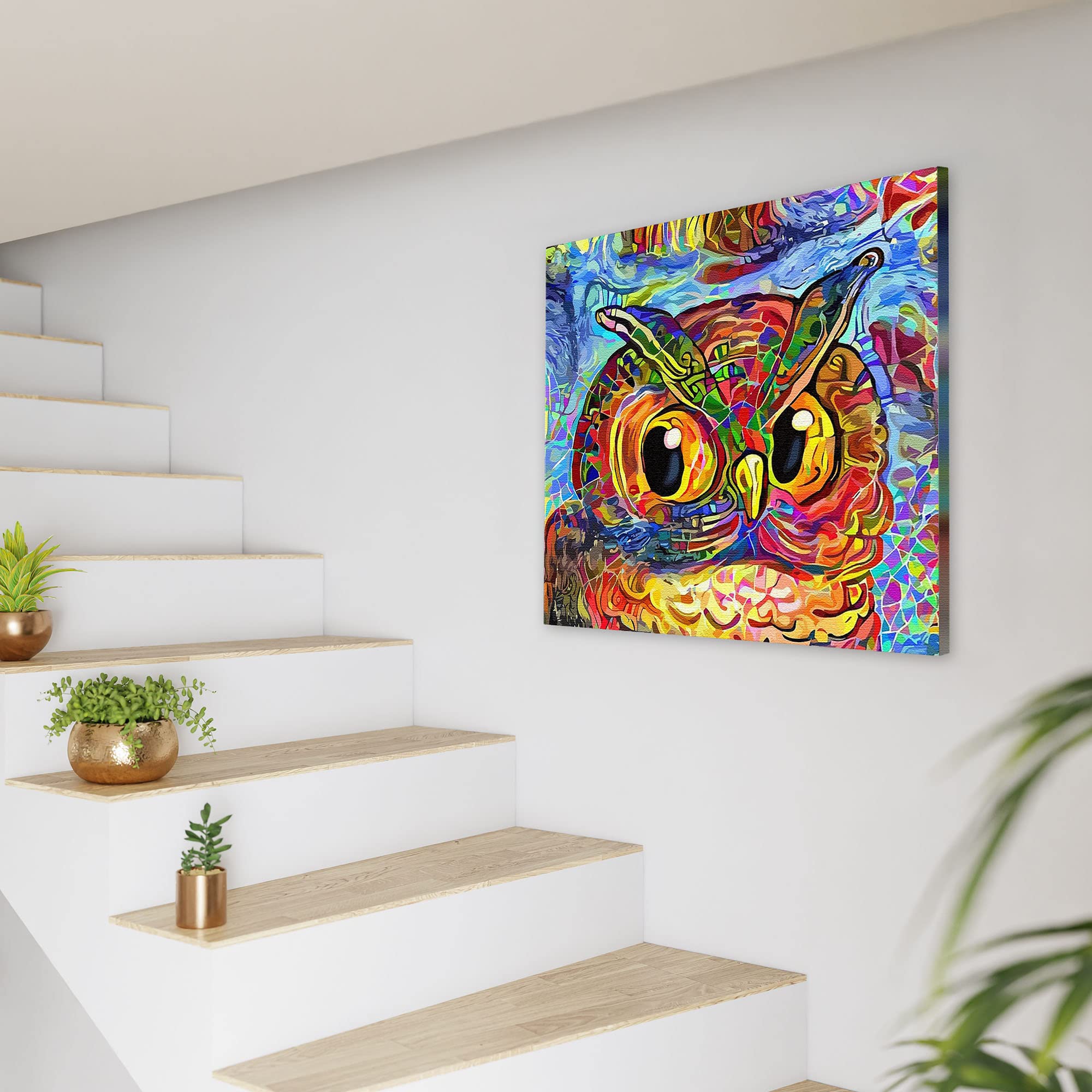 Vibrant colorful abstract owl with swirling patterns on square canvas wall art in modern staircase setting