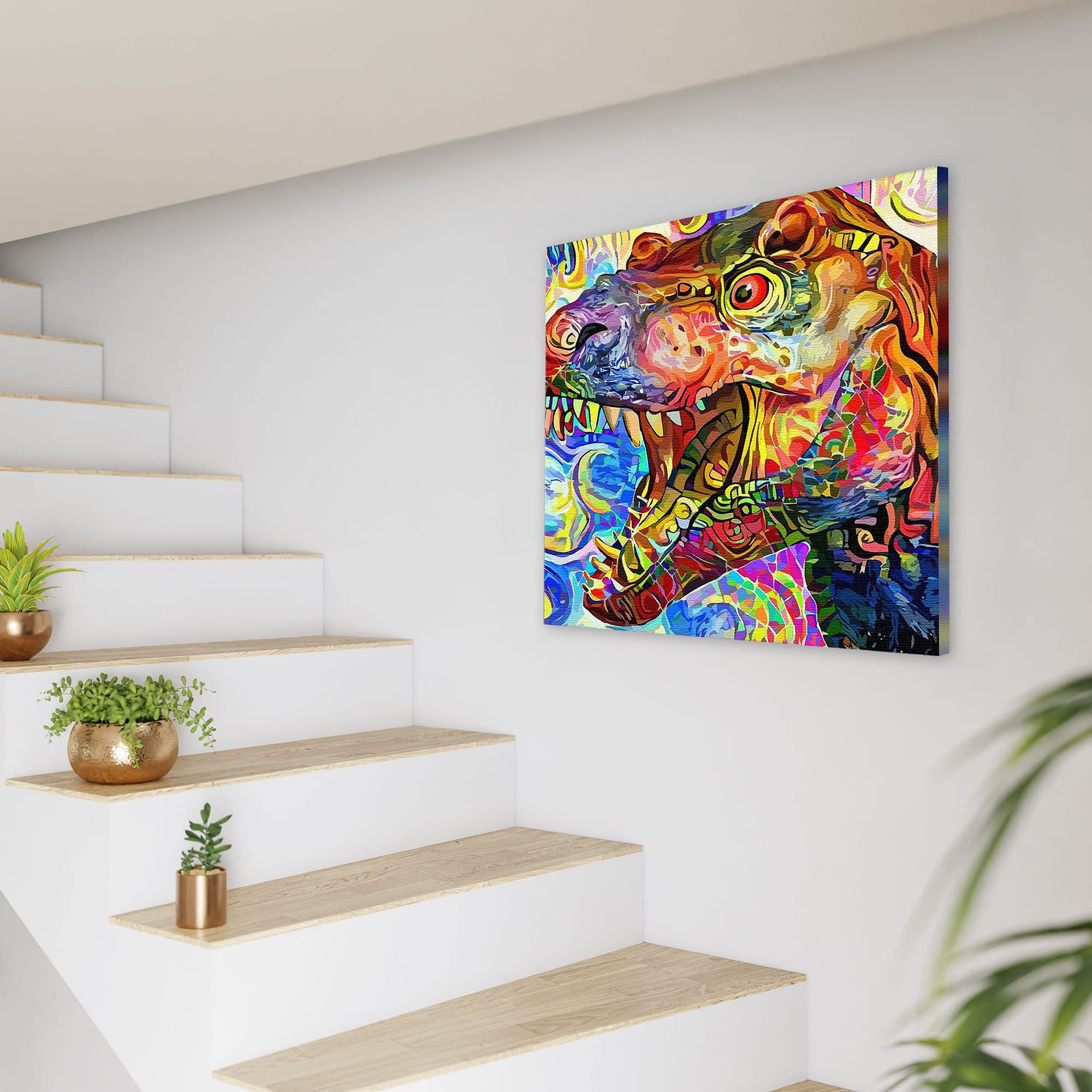 Colorful abstract T-Rex dinosaur wall art with vibrant geometric patterns on square canvas hanging on white stairway wall