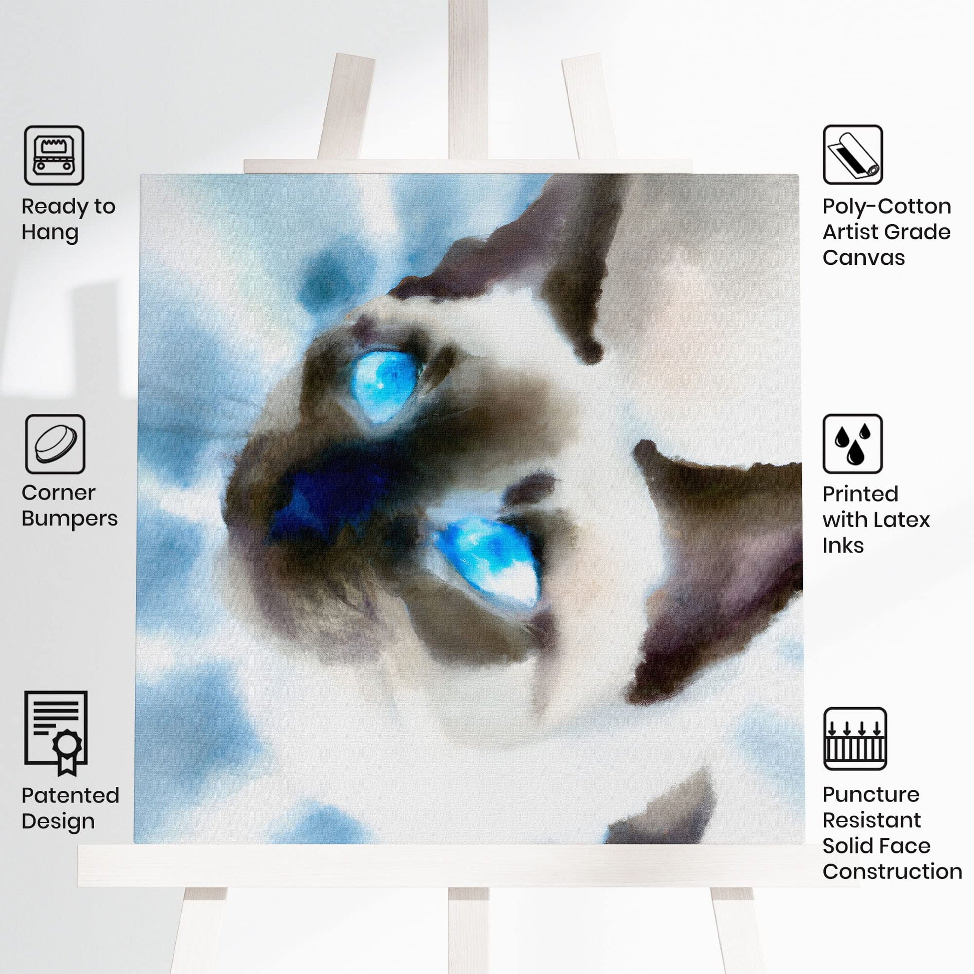 Close-up Siamese cat wall art watercolor with bright blue eyes and soft blended brush strokes on square canvas on easel