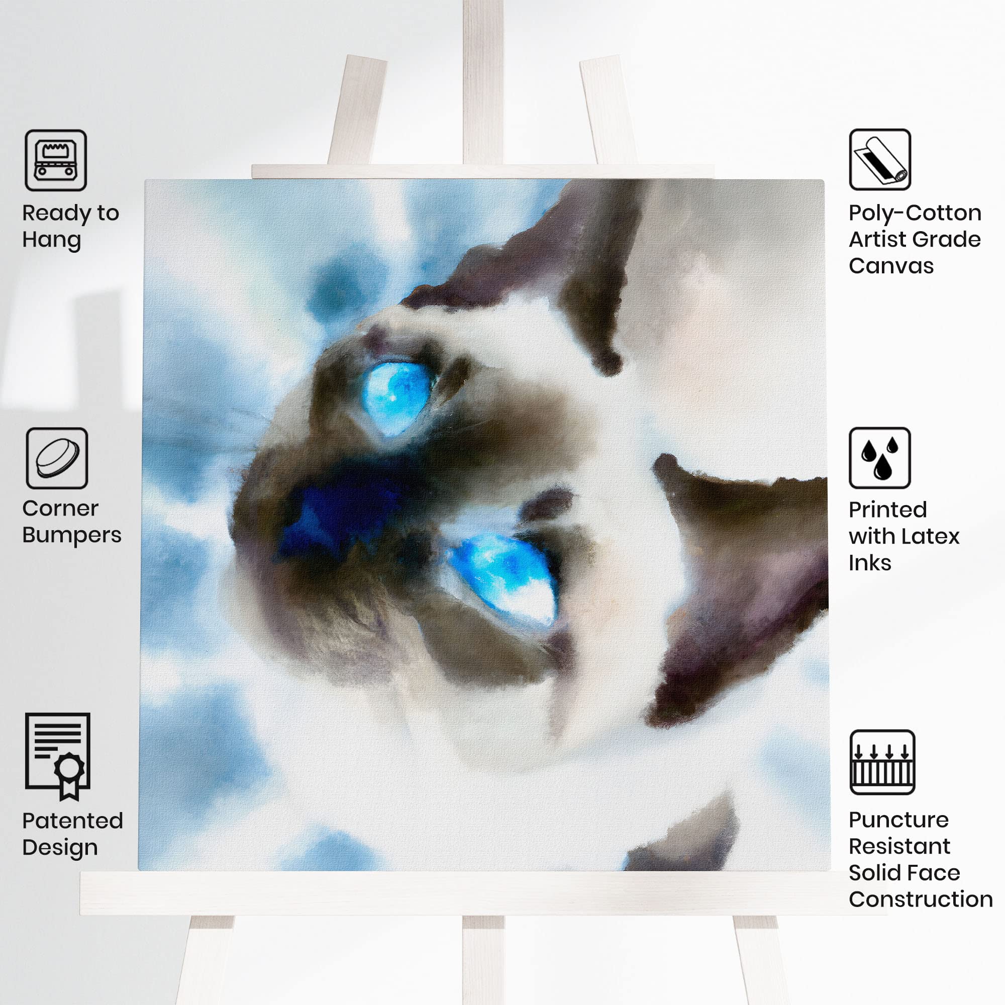 Close-up Siamese cat wall art watercolor with bright blue eyes and soft blended brush strokes on square canvas on easel