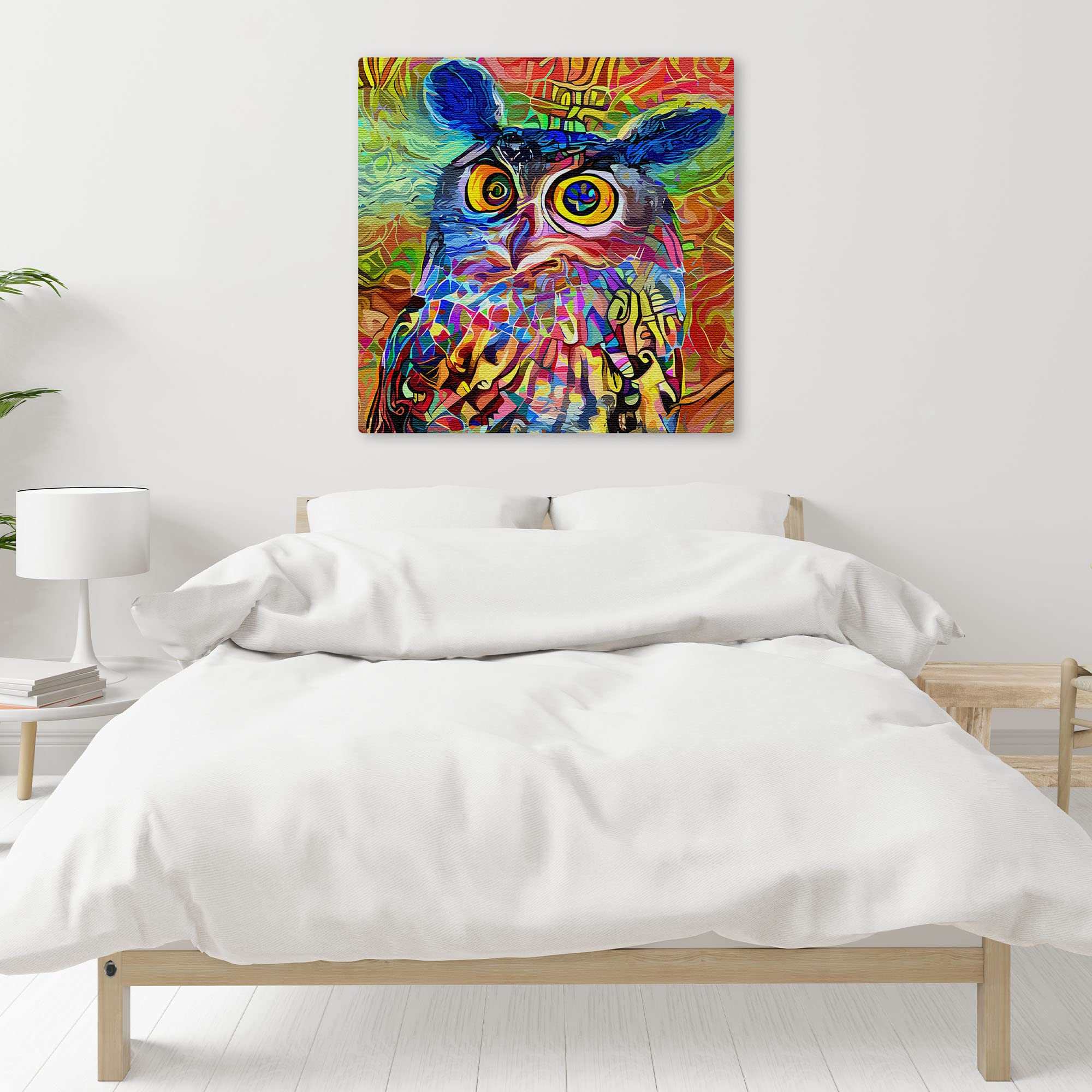 Vibrant geometric mosaic owl with colorful abstract patterns on square canvas wall art above modern minimalist bed