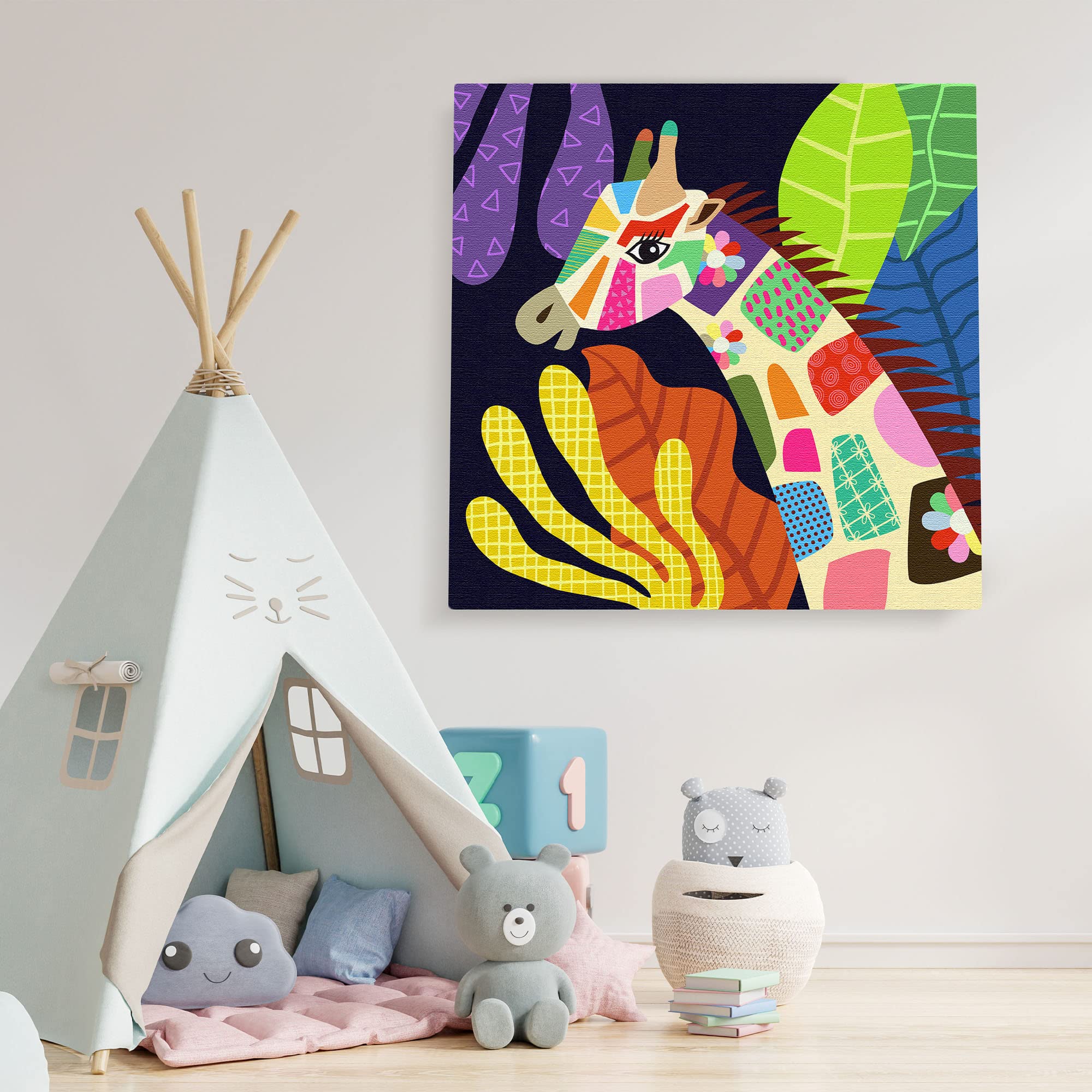 Colorful geometric giraffe head canvas art with vibrant abstract tropical leaves in modern minimalist kids playroom wall decor setting