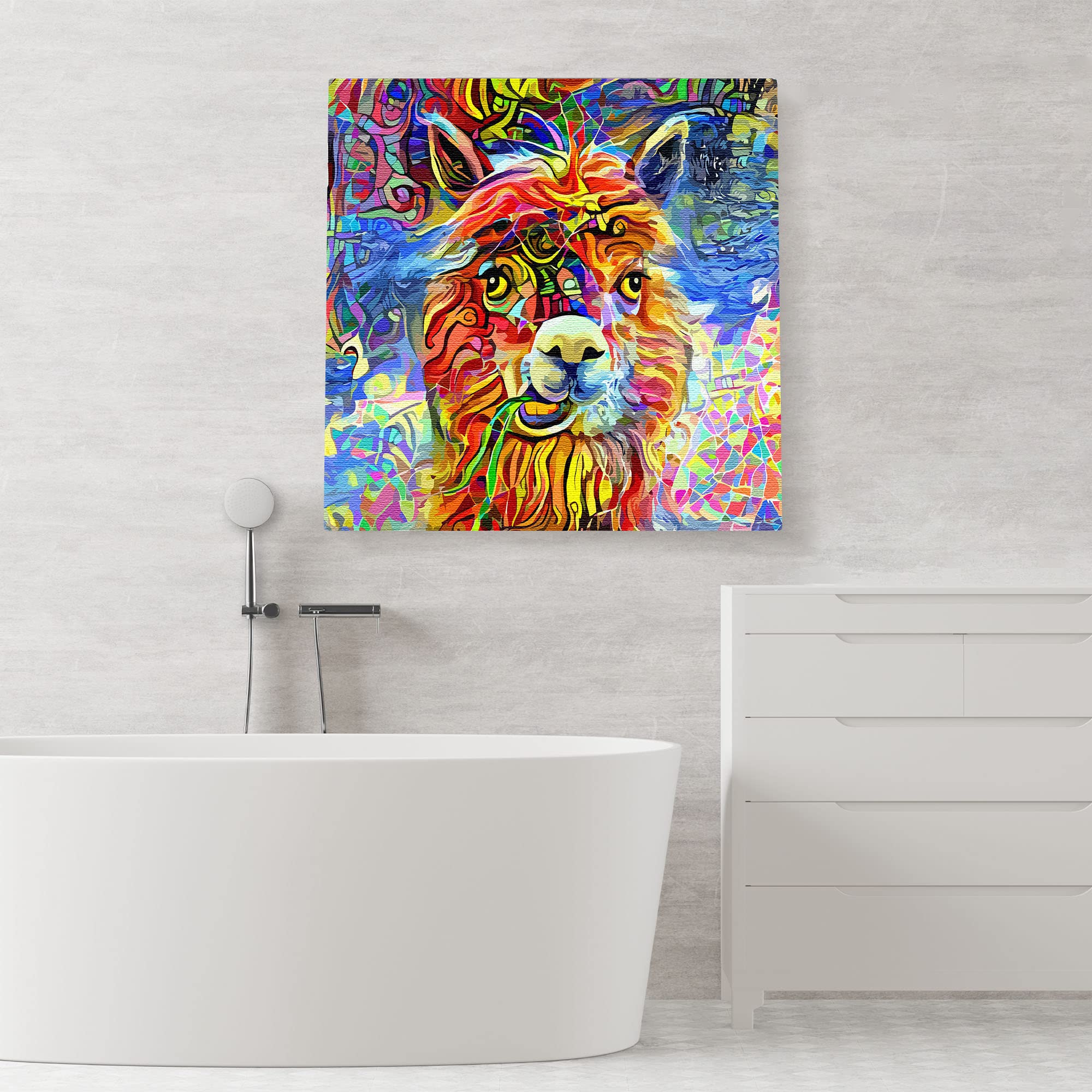 Colorful geometric alpaca artwork canvas with vibrant reds, blues, yellows, and greens in abstract mosaic patterns