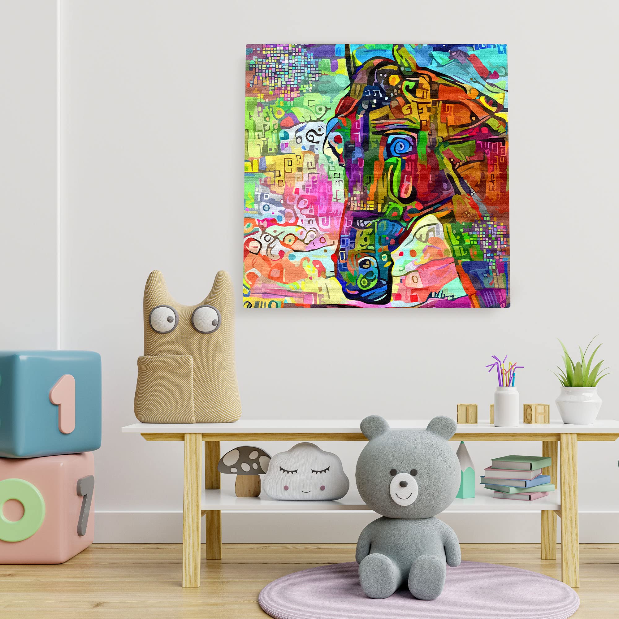 Vibrant colorful abstract horse art painting on textured canvas displayed in modern minimalist kids room setting