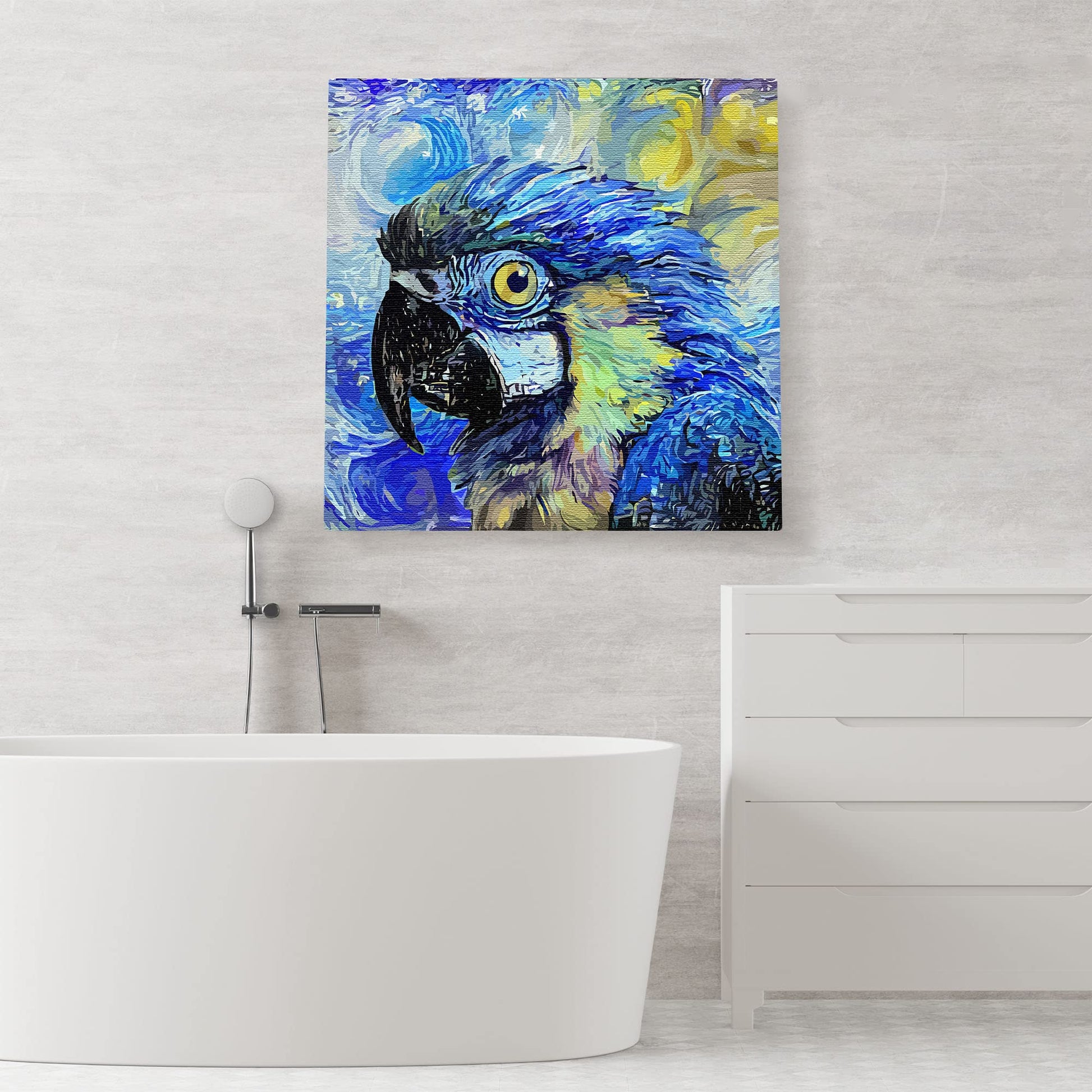 Colorful blue macaw parrot with vibrant swirling and textured brush strokes on square canvas wall art above bathtub