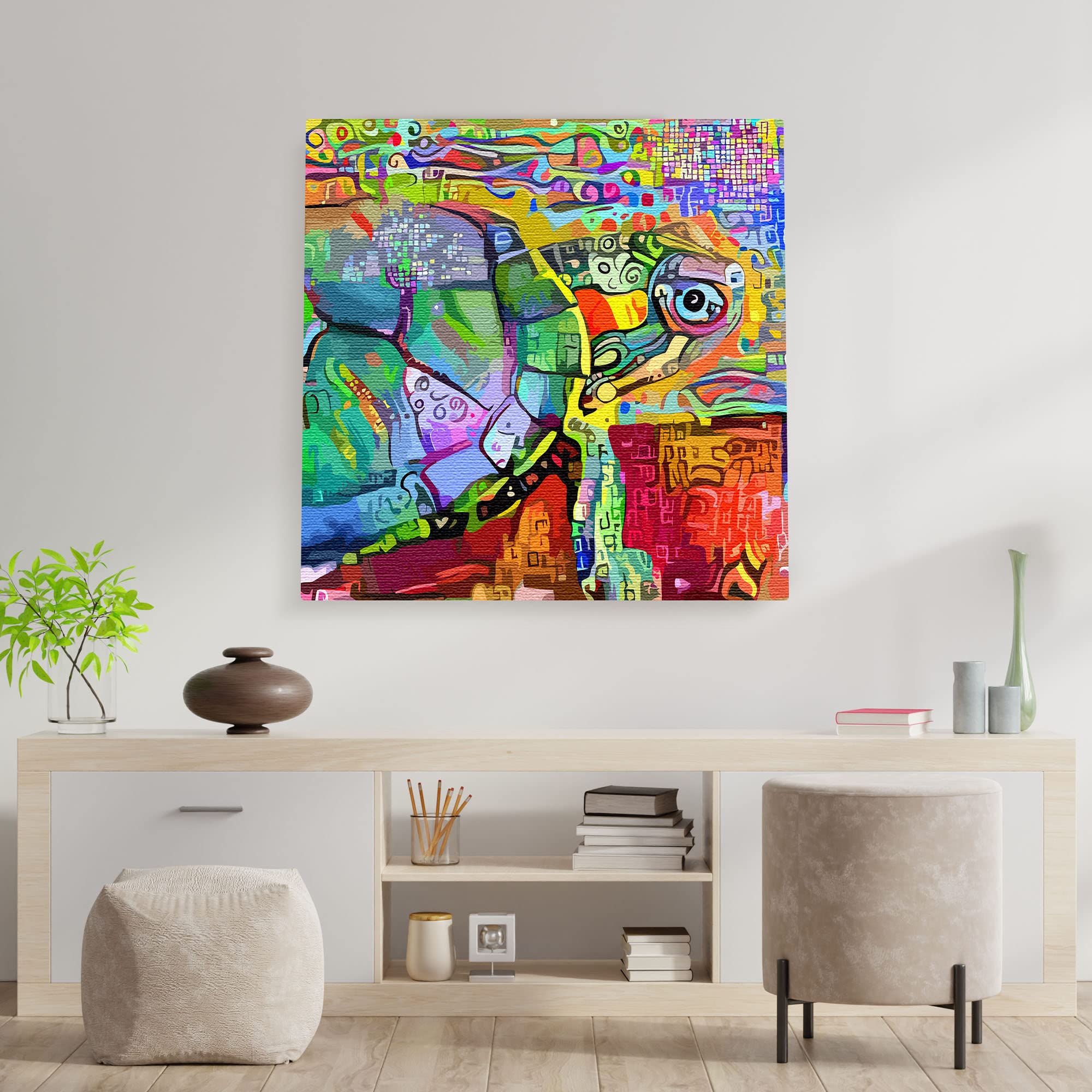 Colorful abstract sea turtle with intricate vibrant patterns on multicolor background printed on square canvas above wooden console table