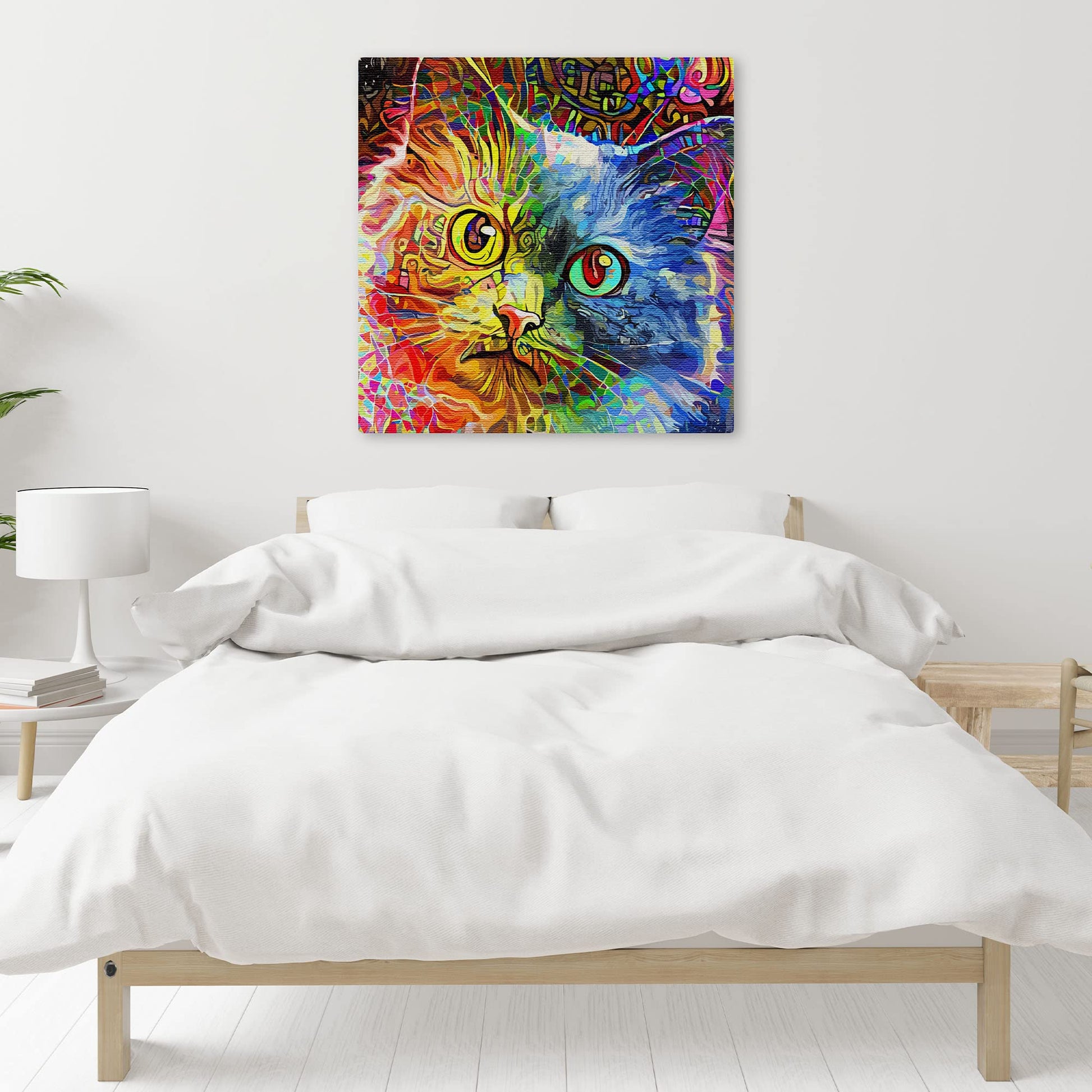 Abstract colorful cat wall art with vibrant reds, blues, yellows, and greens in dynamic fluid painterly style on canvas