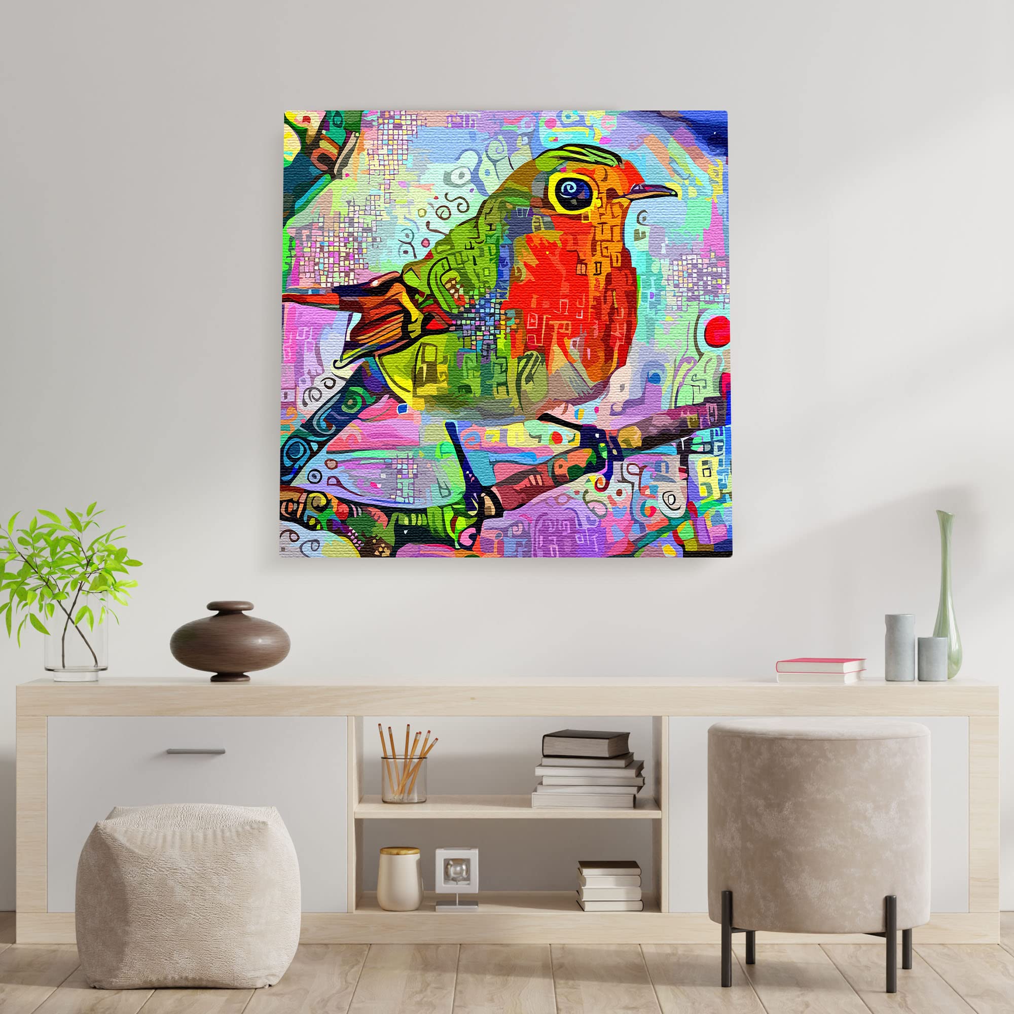 Abstract colorful red robin with geometric and digital patterns on square canvas wall art above modern wooden console table