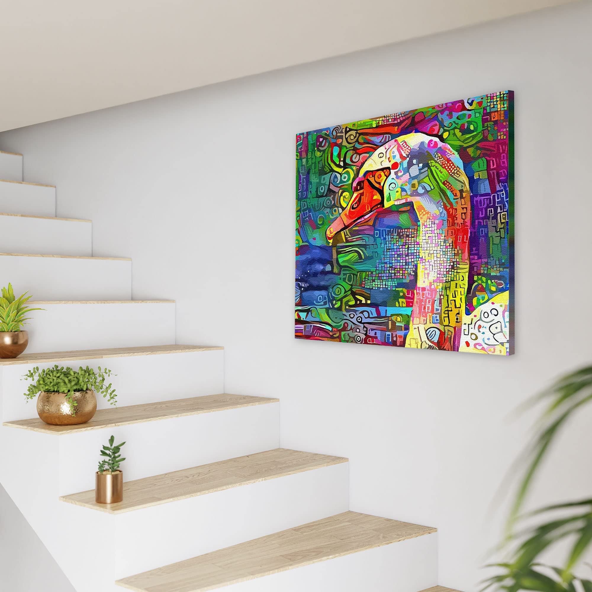 Abstract colorful white swan head with vibrant geometric and intricate patterns on multicolor background printed on square canvas wall art
