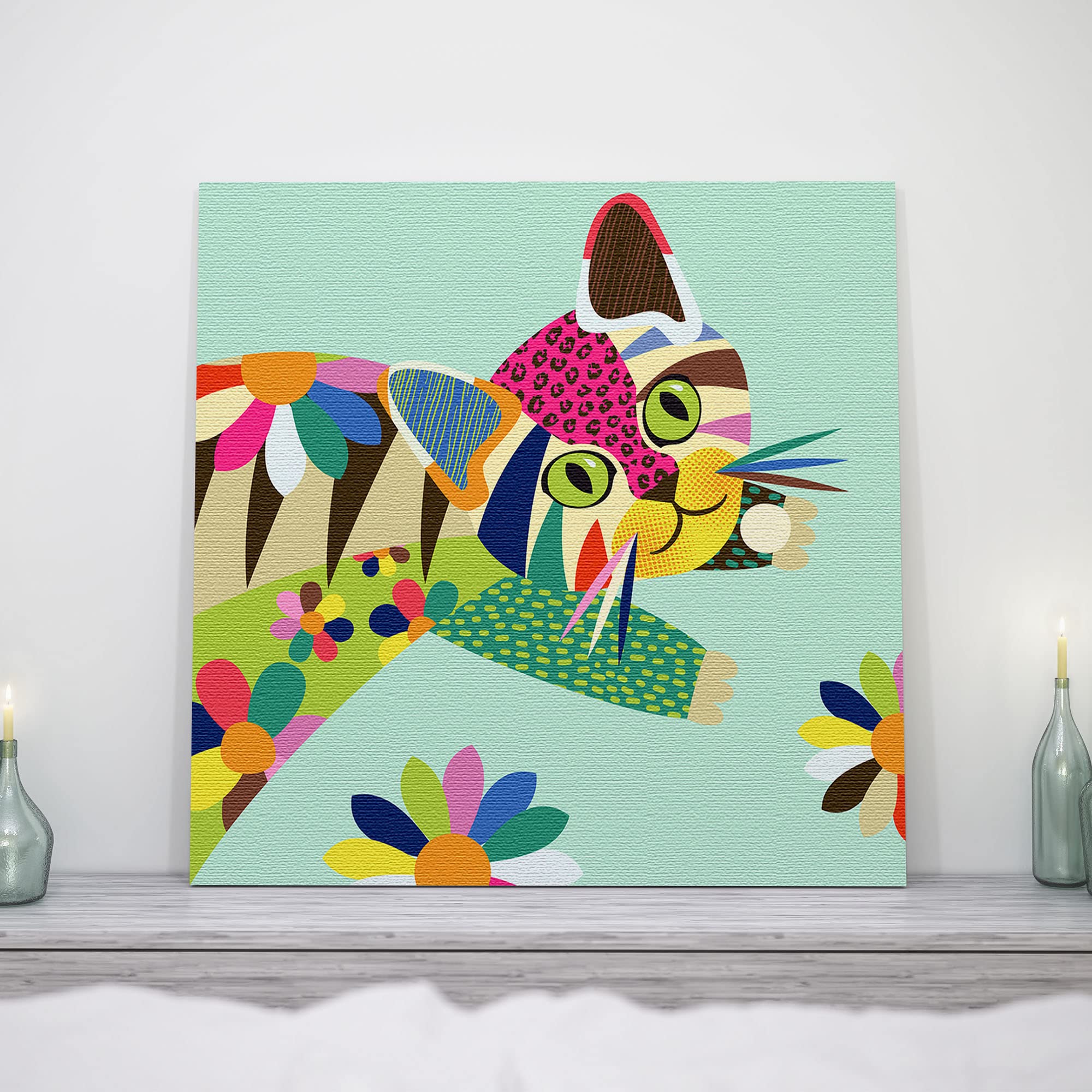 Colorful cute cat kitten wall art with vibrant geometric patterns and bold lines on light turquoise canvas above mantel