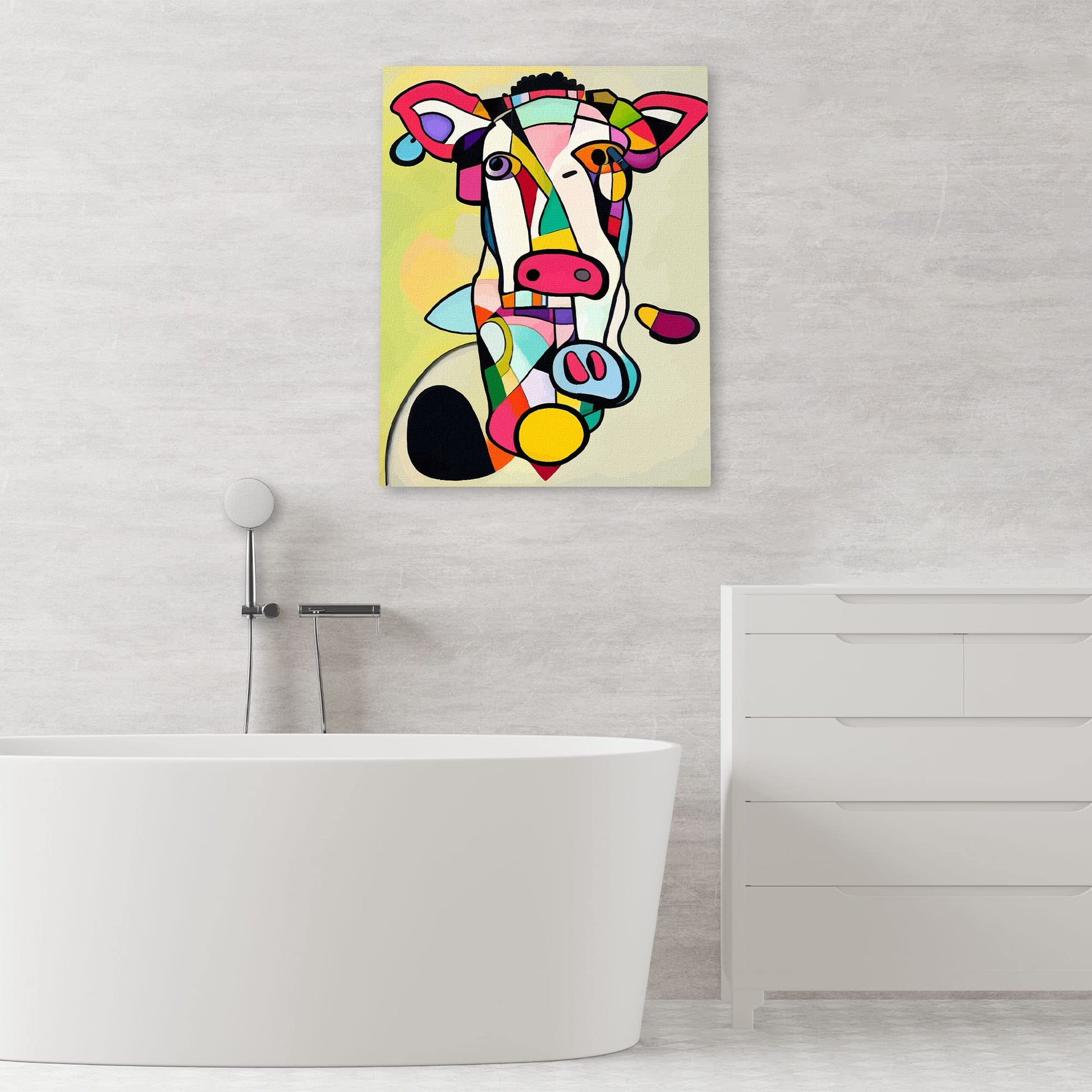 Colorful abstract cow painting with bold geometric shapes on canvas displayed on light wall above modern bathtub