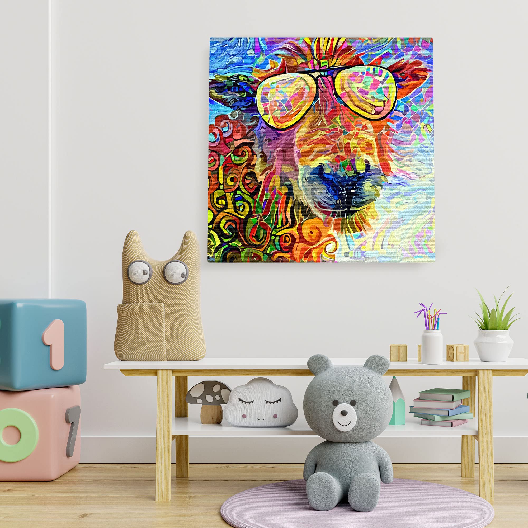Abstract colorful funky sheep head with vibrant geometric and swirling patterns on multicolor background printed on square canvas wall art