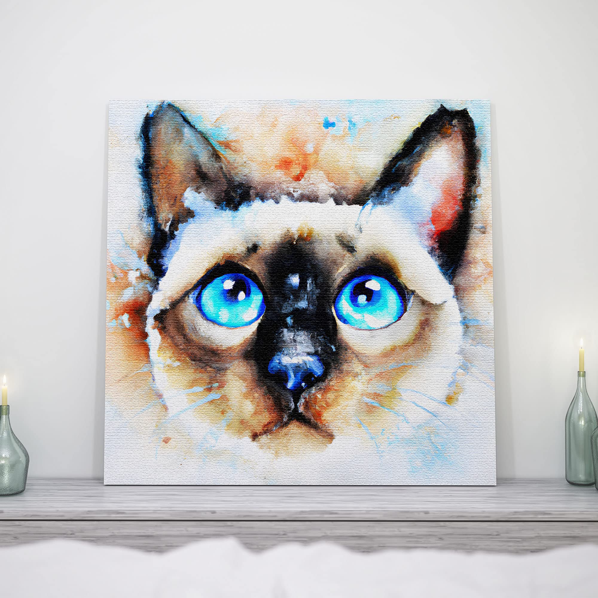 Abstract watercolor Siamese cat wall art featuring striking bright blue eyes with soft beige, brown, and black tones on a white textured background