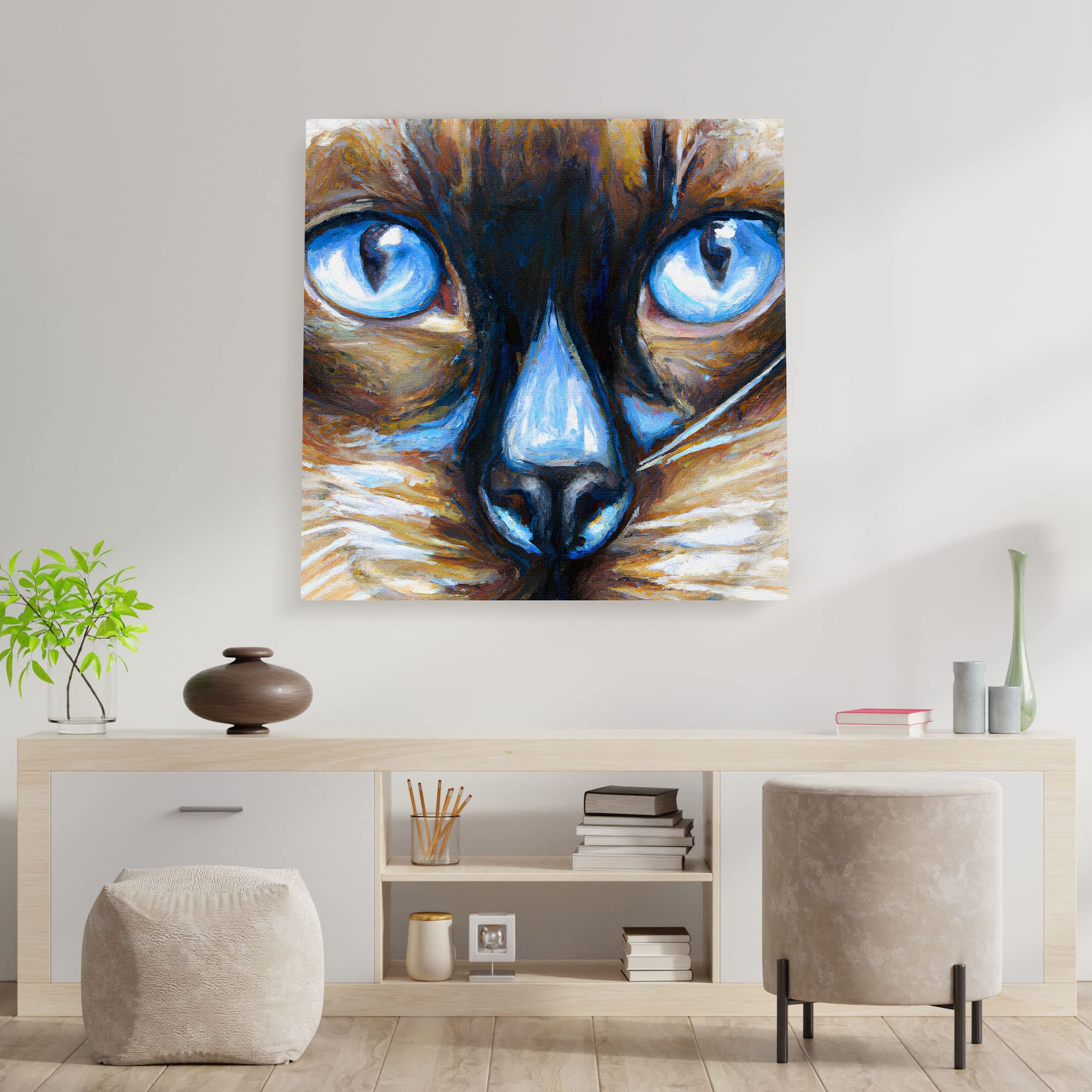 Close-up Siamese cat wall art with bright blue eyes and detailed brush strokes on square canvas above minimalist console table
