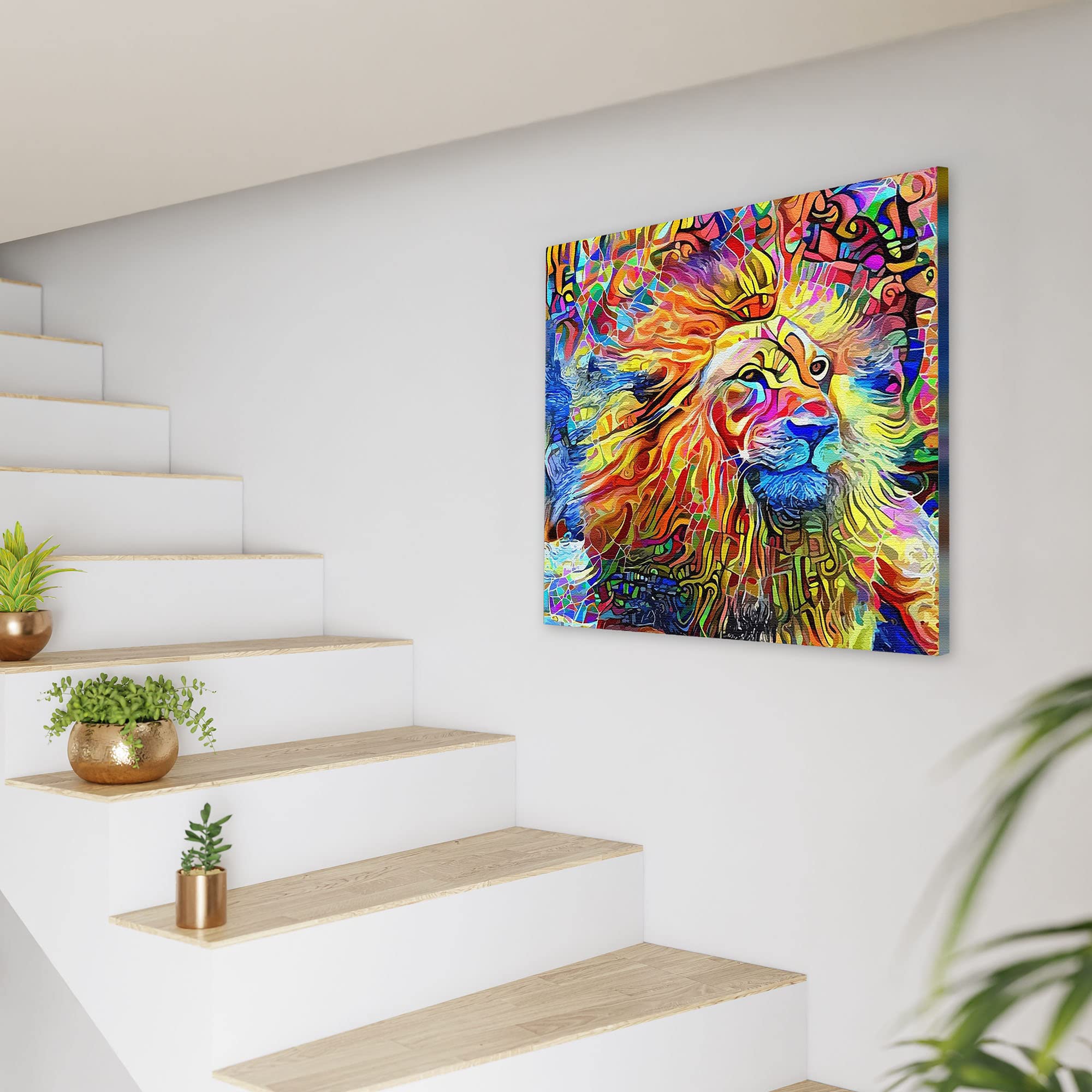 Vibrant colorful abstract lion artwork on square canvas displayed on white wall above modern wooden staircase with potted plants