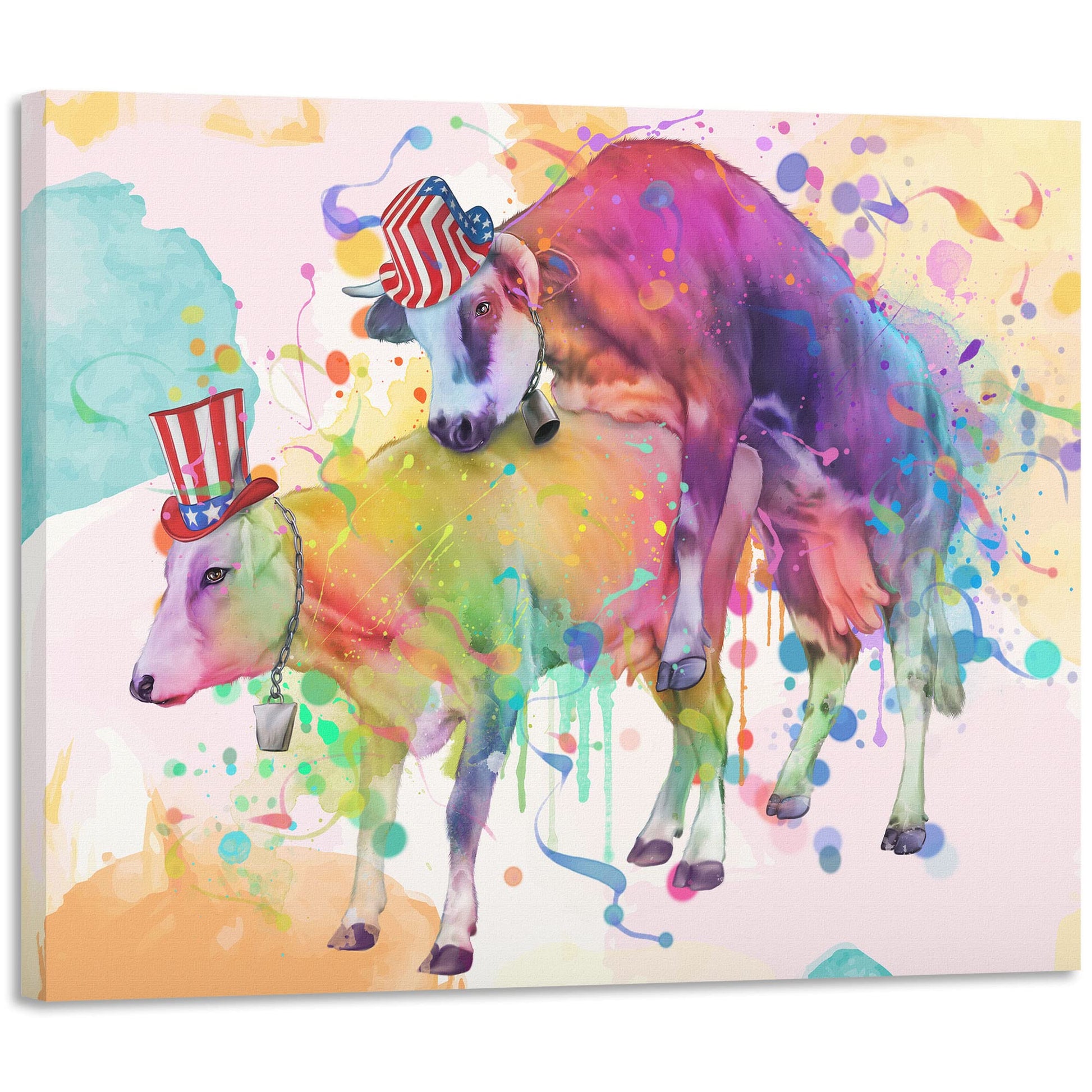 Colorful watercolor funny rude cows bathroom wall art with two cows wearing patriotic hats in vibrant abstract splash background