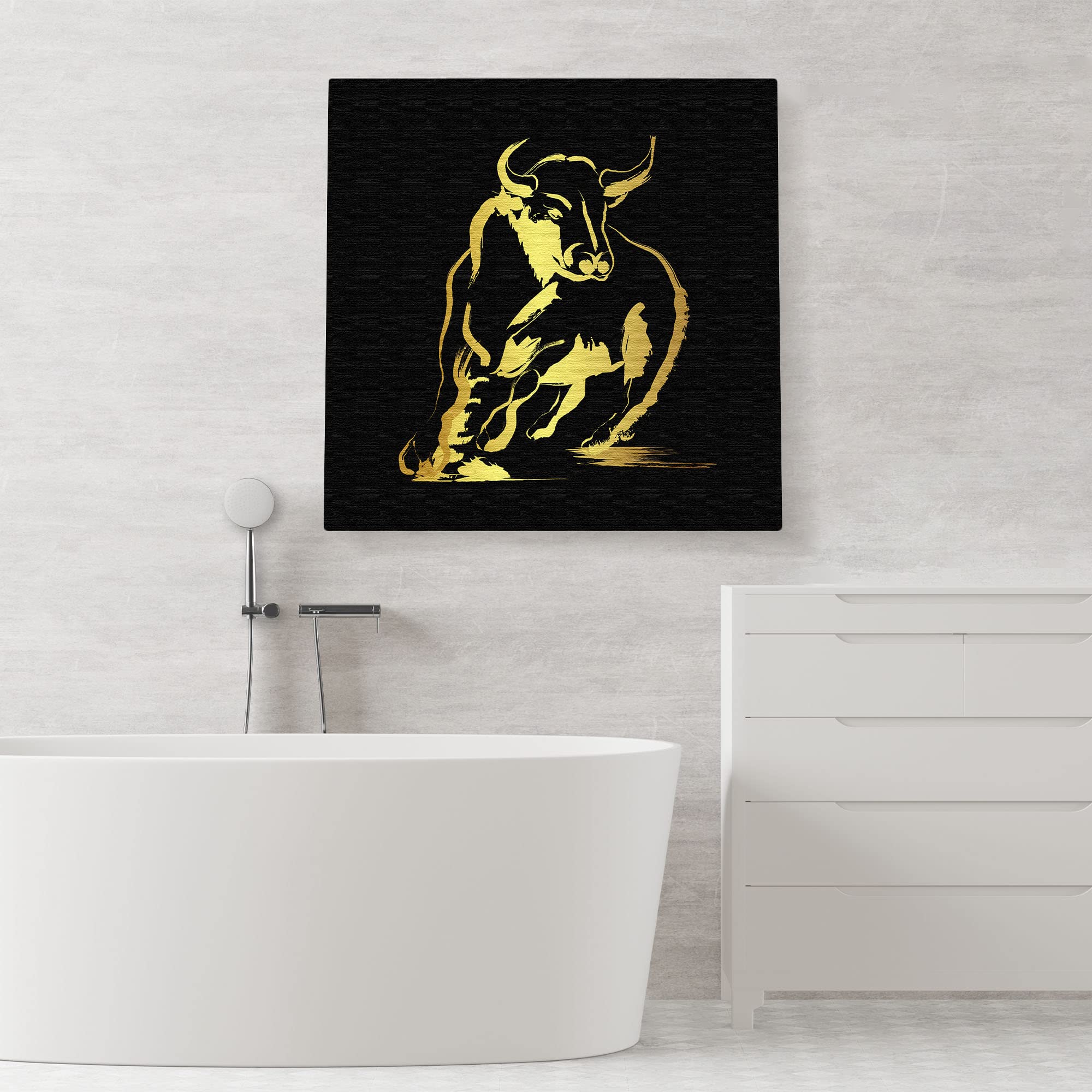 Abstract black and gold bull art with bold brushstroke design on square canvas above modern white bathtub