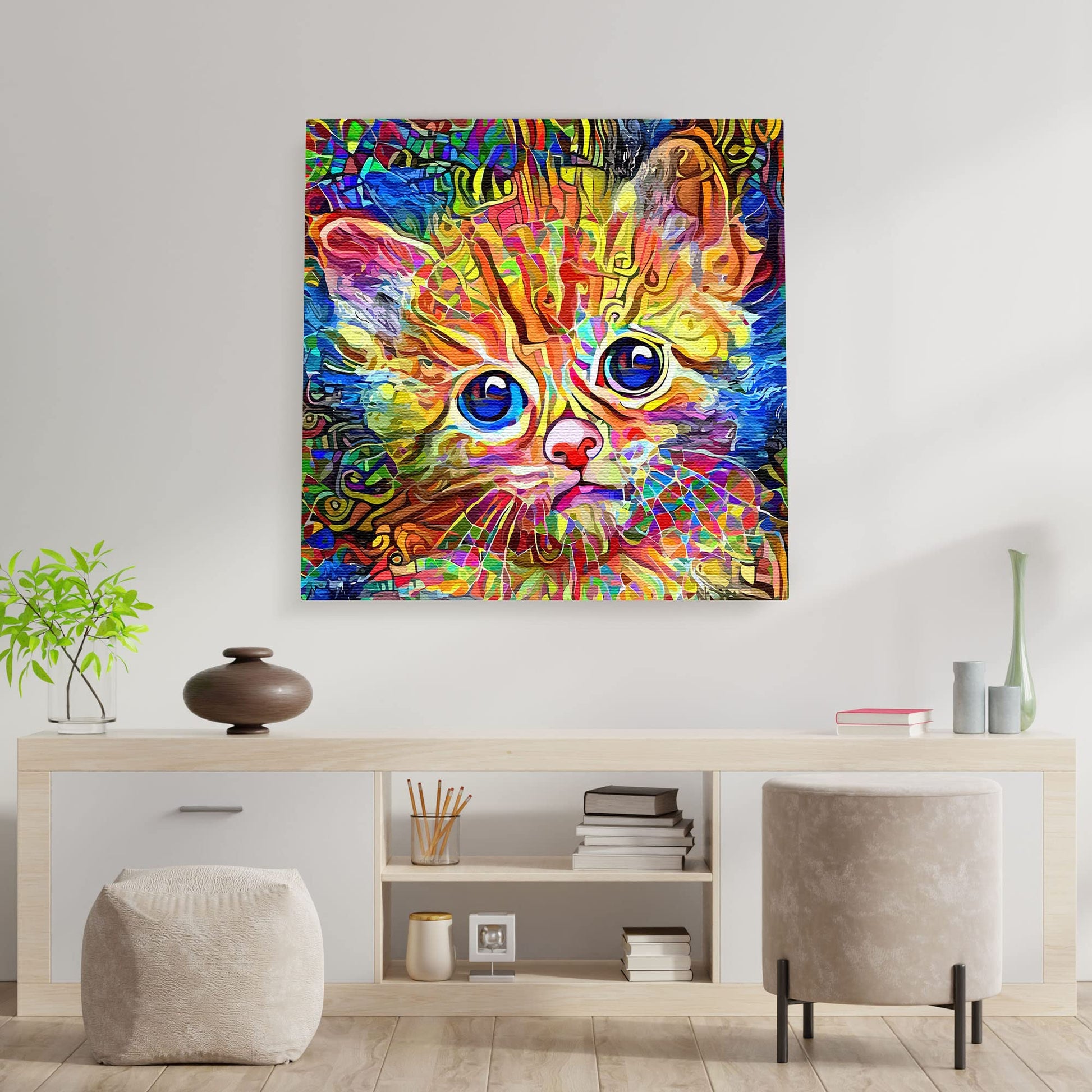 Abstract colorful cat art canvas featuring a wide-eyed kitten with vibrant orange, blue, and green mosaic patterns on a white wall background