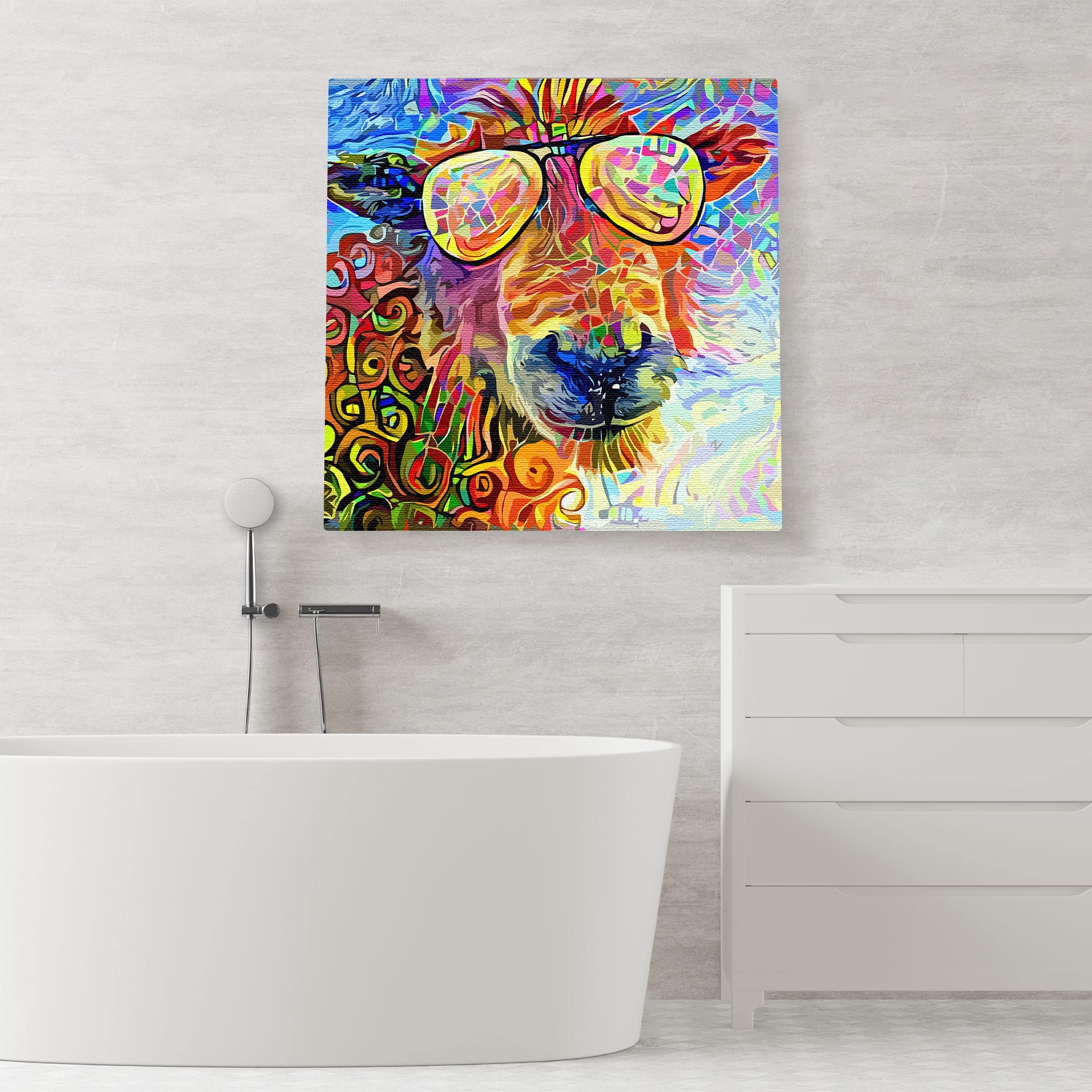 Abstract colorful funny sheep head wearing sunglasses with vibrant geometric and swirling patterns on multicolor background printed on square canvas wall art