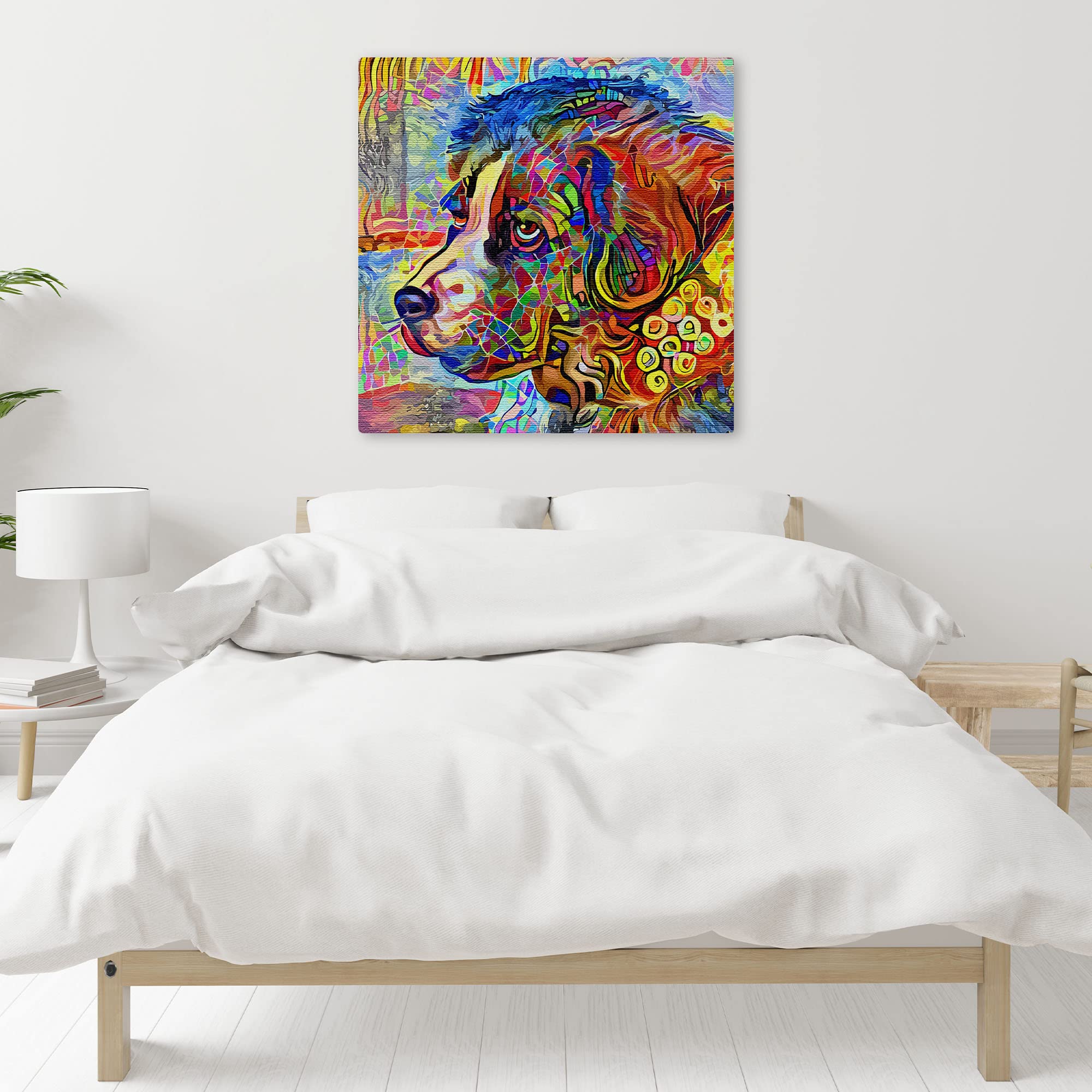 Colorful abstract Newfoundland dog art with vibrant multicolor geometric patterns on square canvas hanging above bed in modern bedroom