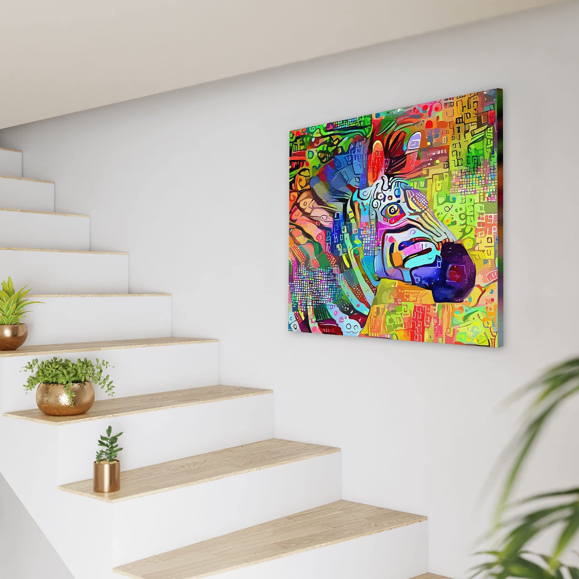 Colorful abstract zebra head portrait with vibrant multicolor patterns printed on canvas hanging on wall by white staircase