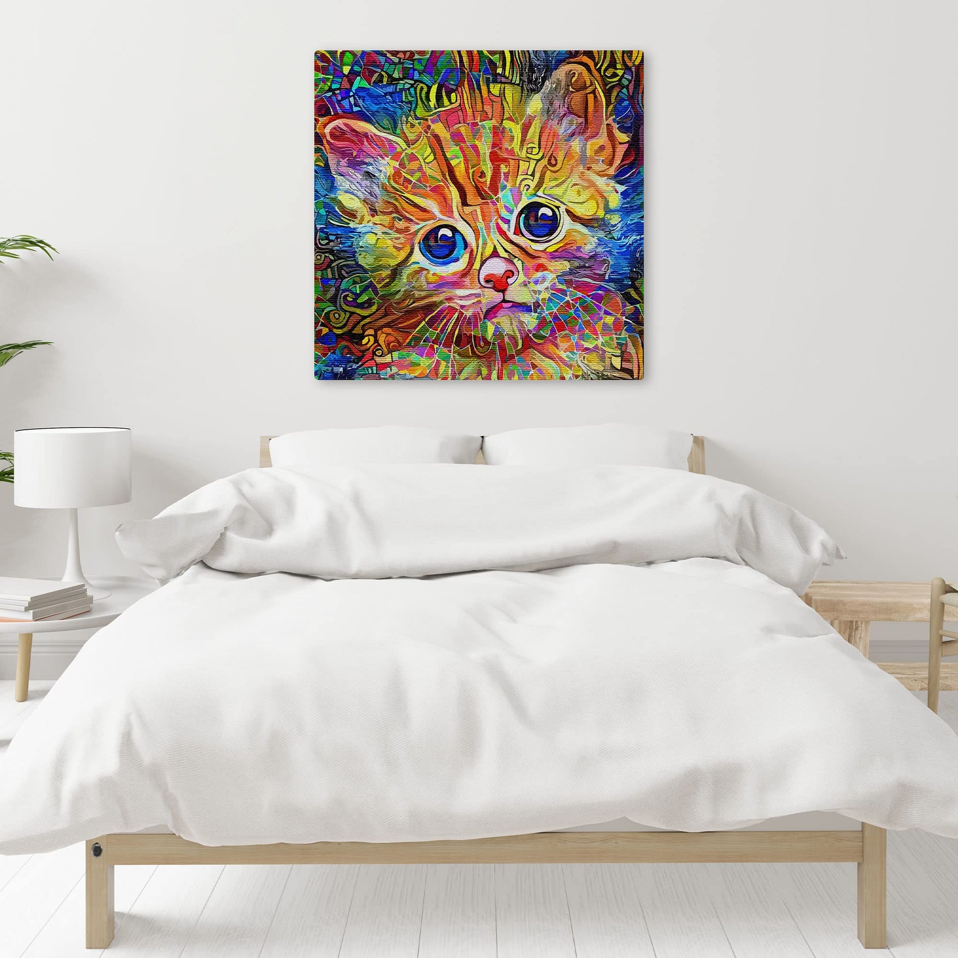 Colorful abstract cat art canvas featuring a wide-eyed orange kitten with vibrant blue and green swirling patterns background