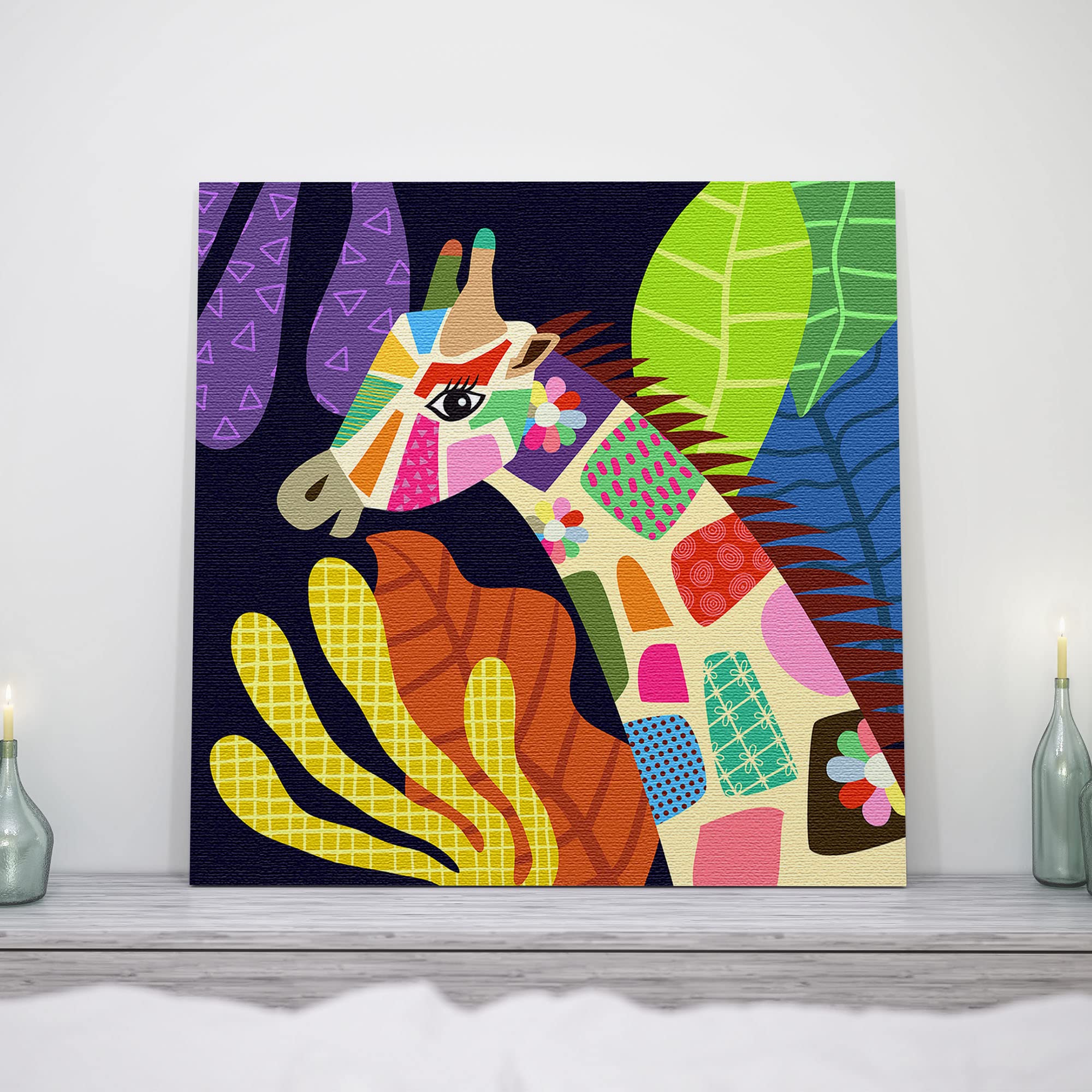 Colorful geometric giraffe head canvas art with vibrant abstract tropical leaves in modern minimalist wall decor setting