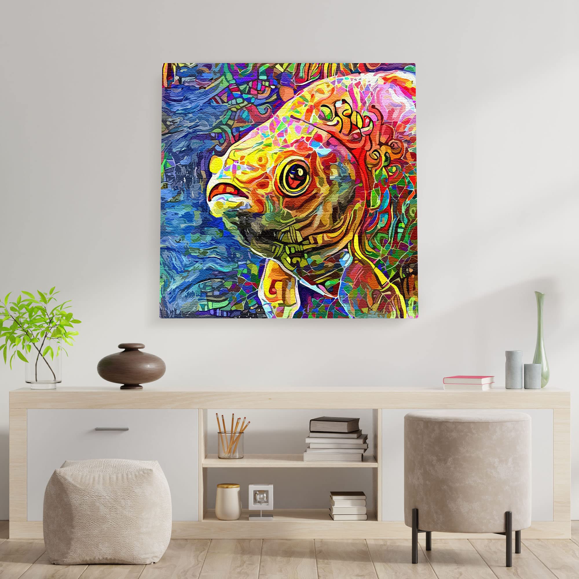Colorful abstract koi fish art with vibrant patterns on canvas hanging on white wall above modern wooden console and plants