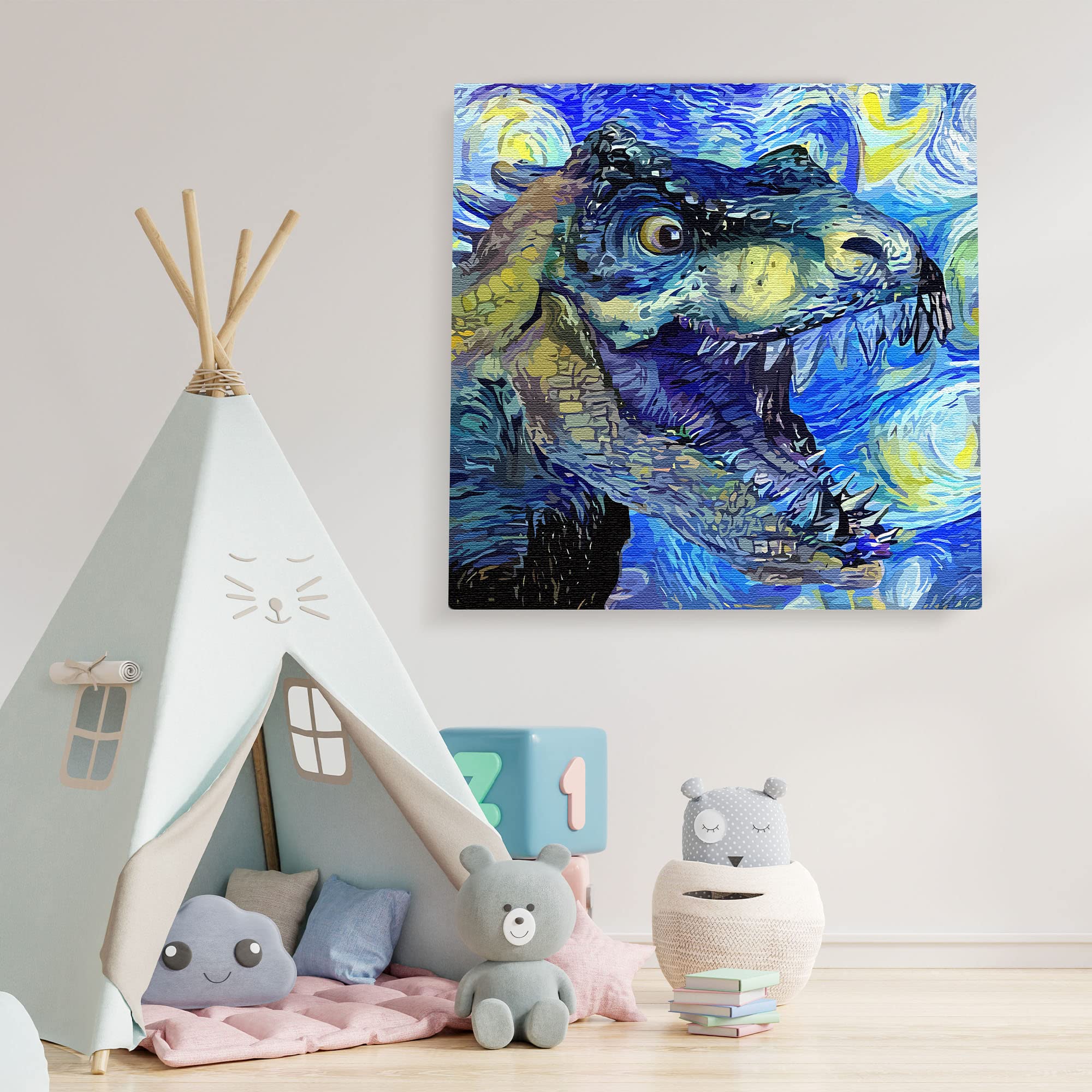Blue Tyrannosaurus Rex dinosaur art with swirling vibrant brushstrokes on square canvas in playful kids room setting