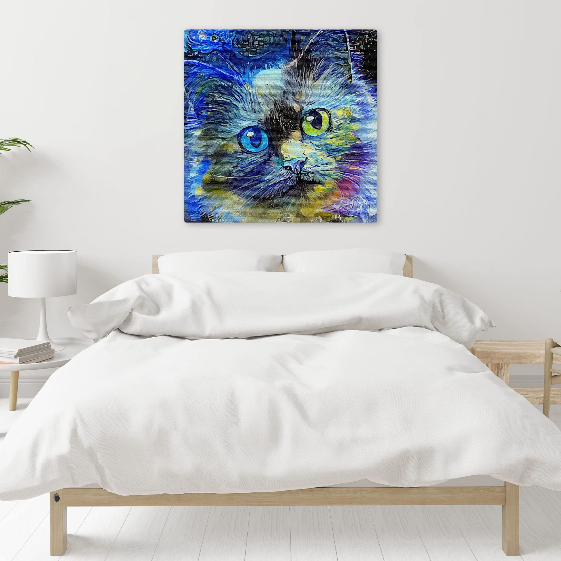Blue cat canvas art with vibrant abstract brushstrokes and heterochromatic eyes displayed above bed in minimalist bedroom