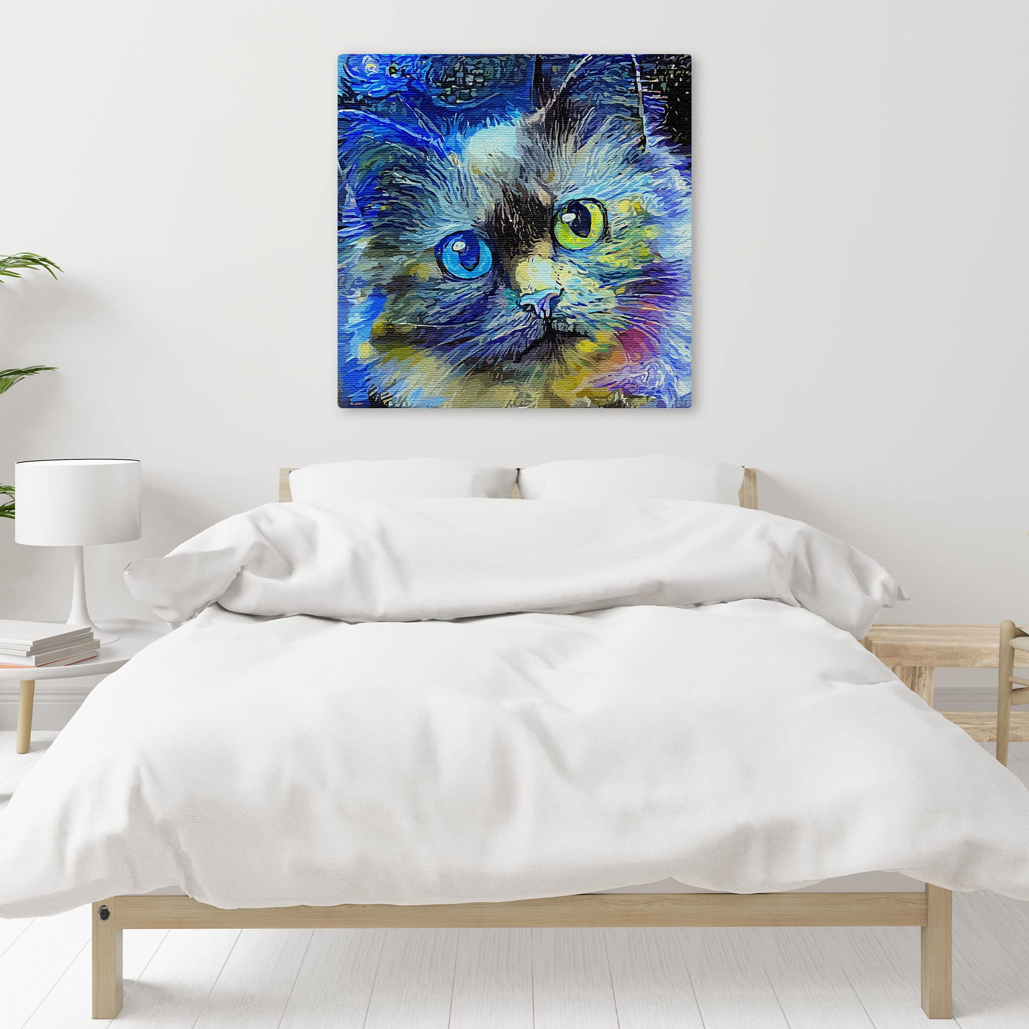 Blue cat canvas art with vibrant abstract brushstrokes and heterochromatic eyes displayed above bed in minimalist bedroom