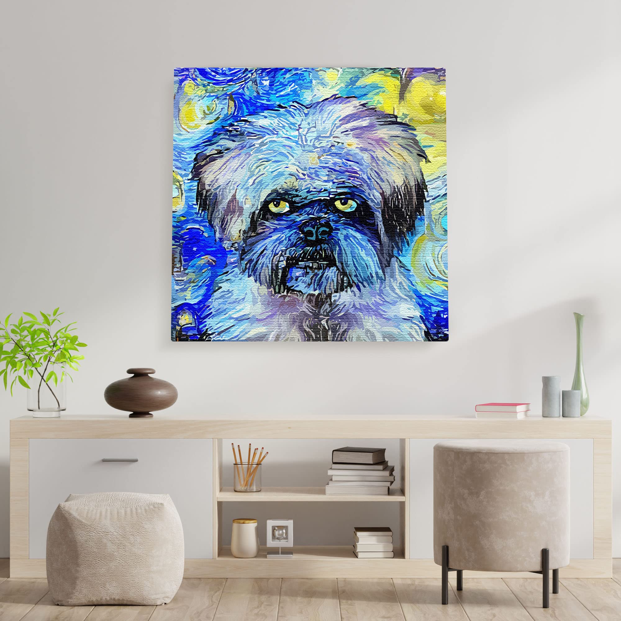 Abstract blue Shih Tzu dog art with swirling vibrant patterns on square canvas hanging on white wall above modern desk