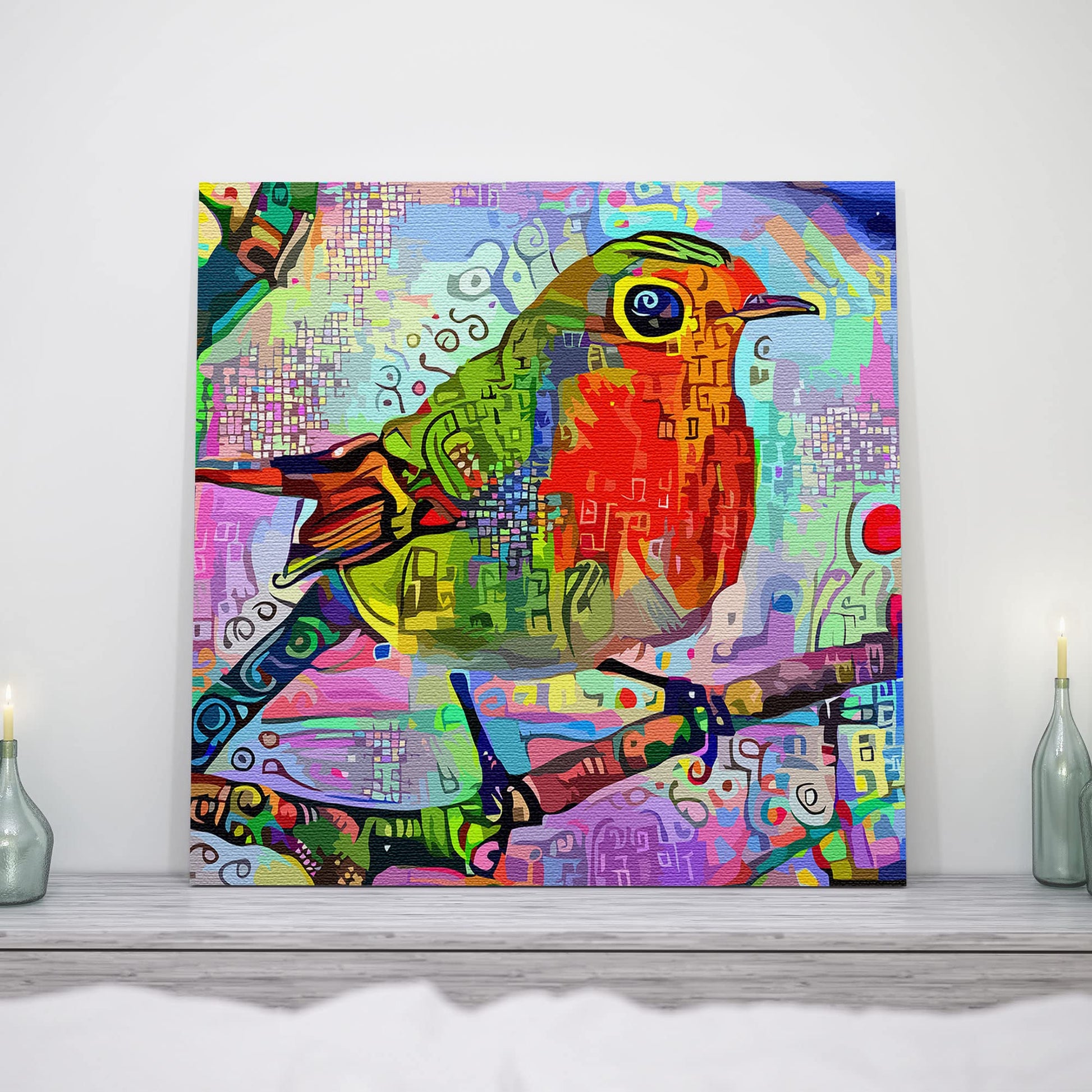 Abstract red robin with vibrant colorful geometric and swirling digital patterns on square canvas wall art on wooden shelf