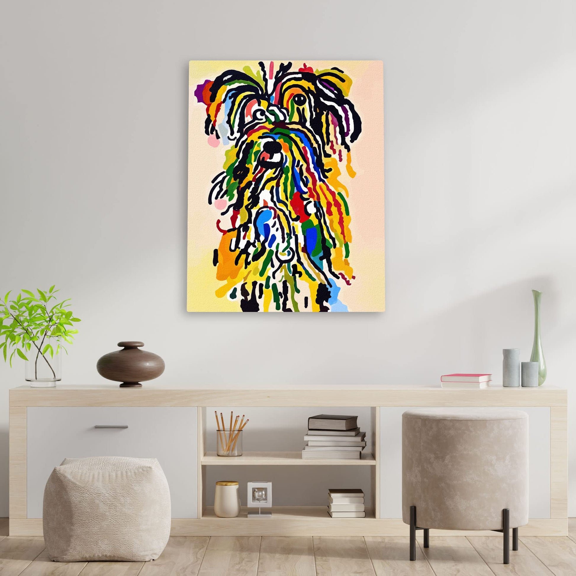 Funny abstract shaggy dog art with vibrant multicolor brush strokes on canvas hanging above modern minimalist wooden console table