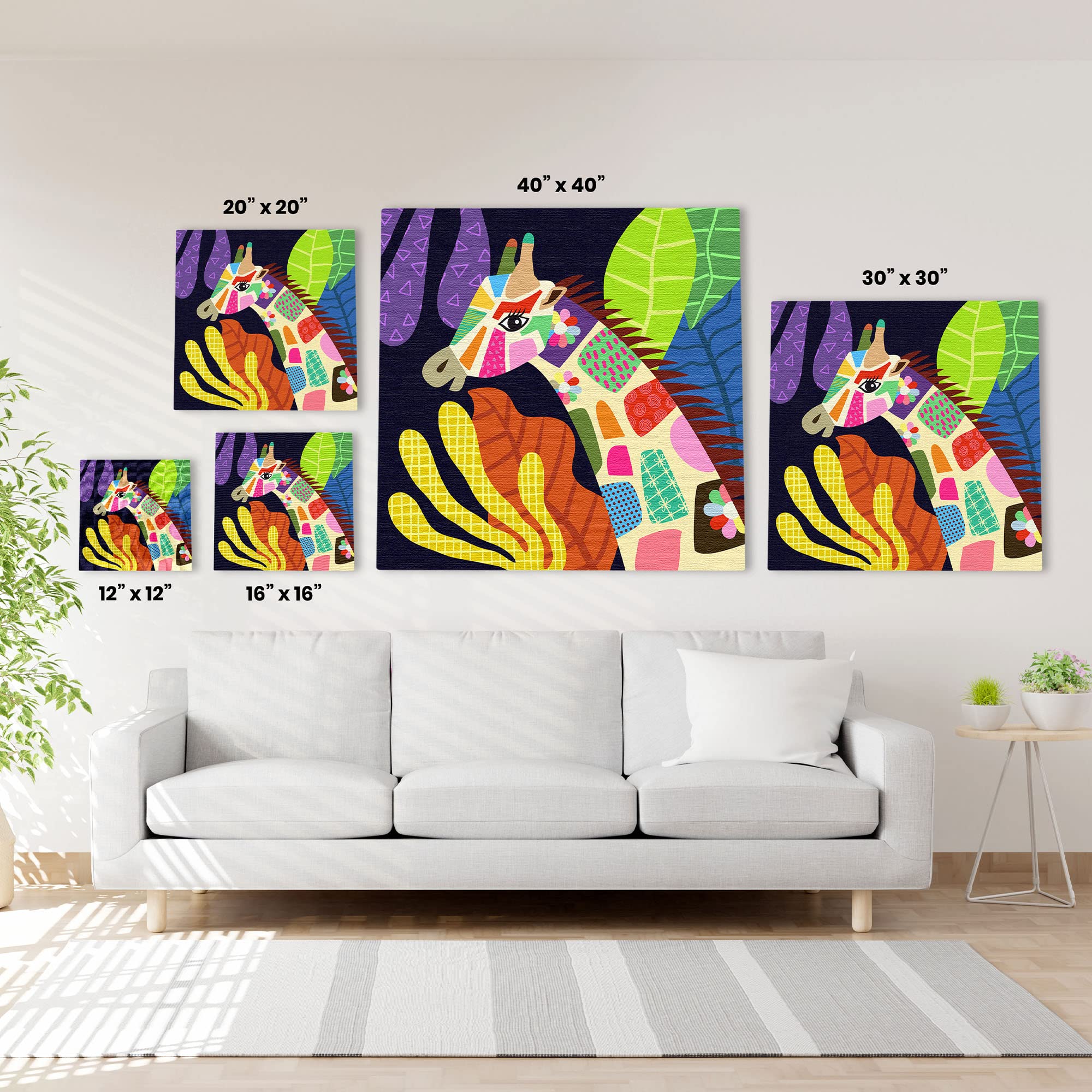 Colorful geometric giraffe head canvas art with vibrant abstract tropical foliage in modern minimalist living room wall decor setting