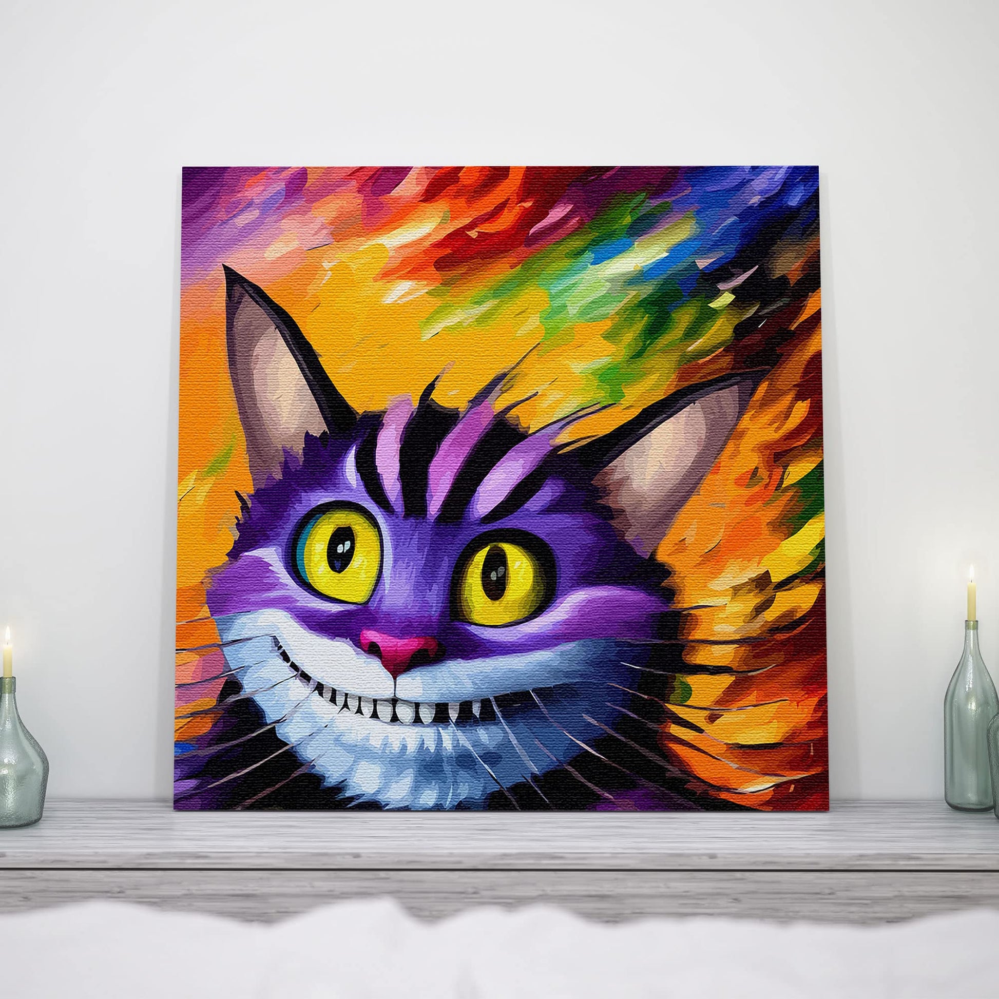 Colorful purple Cheshire cat wall art with bright yellow eyes and wide grin on vibrant rainbow abstract background above mantelpiece