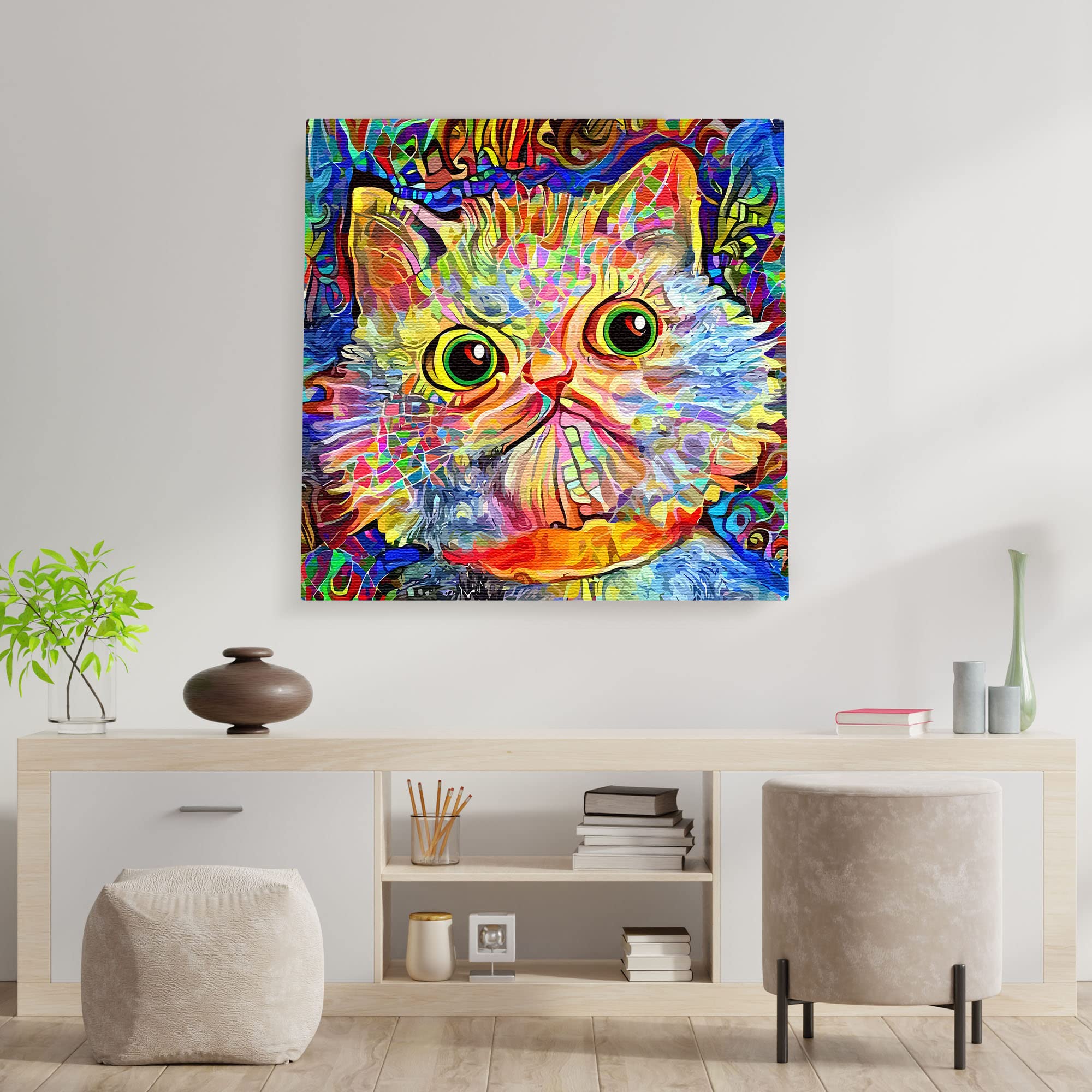 Colorful funny cat wall art with vibrant abstract patterns on square canvas displayed above modern console table