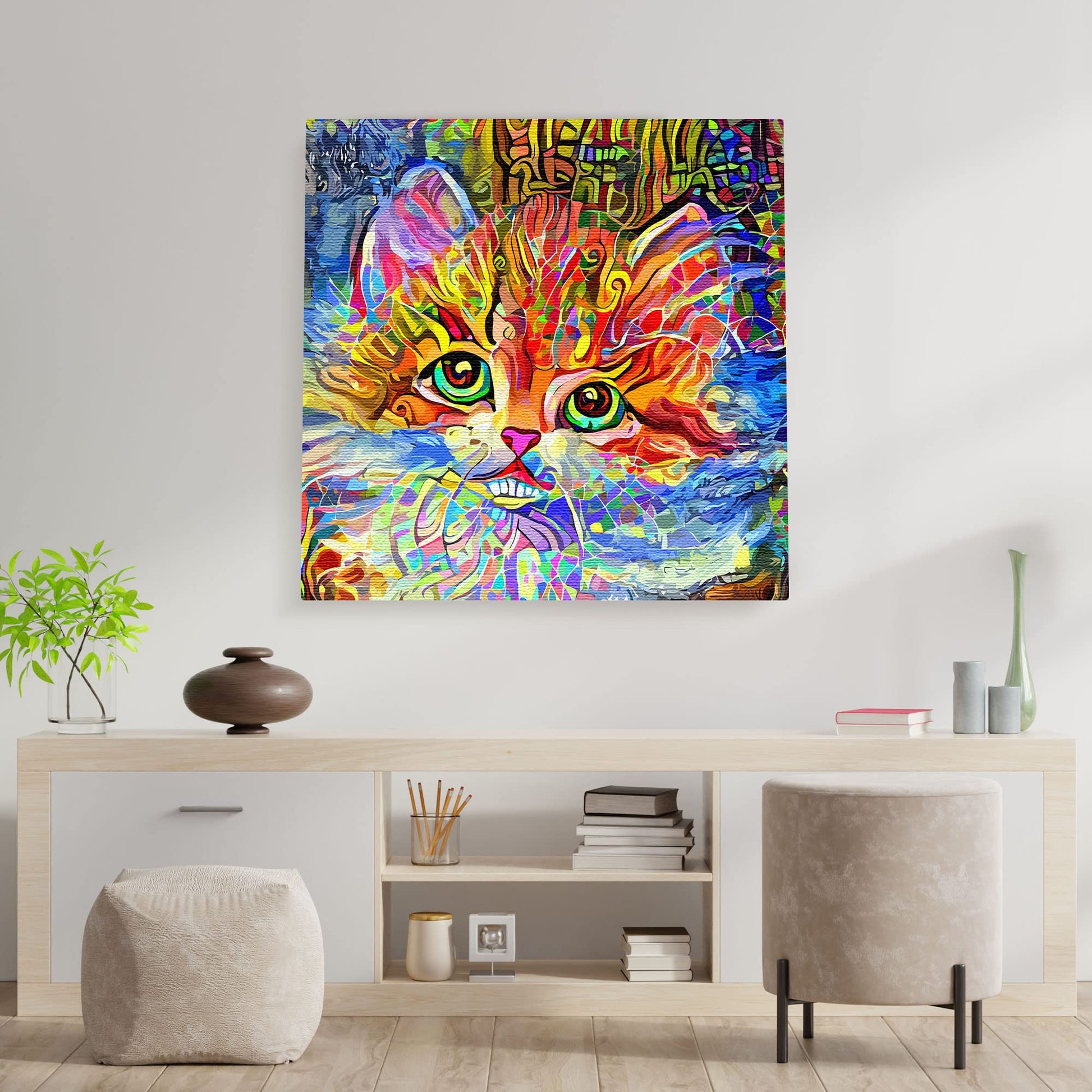 Colorful cat wall art with vivid abstract patterns and large bright green eyes on square canvas above modern console table