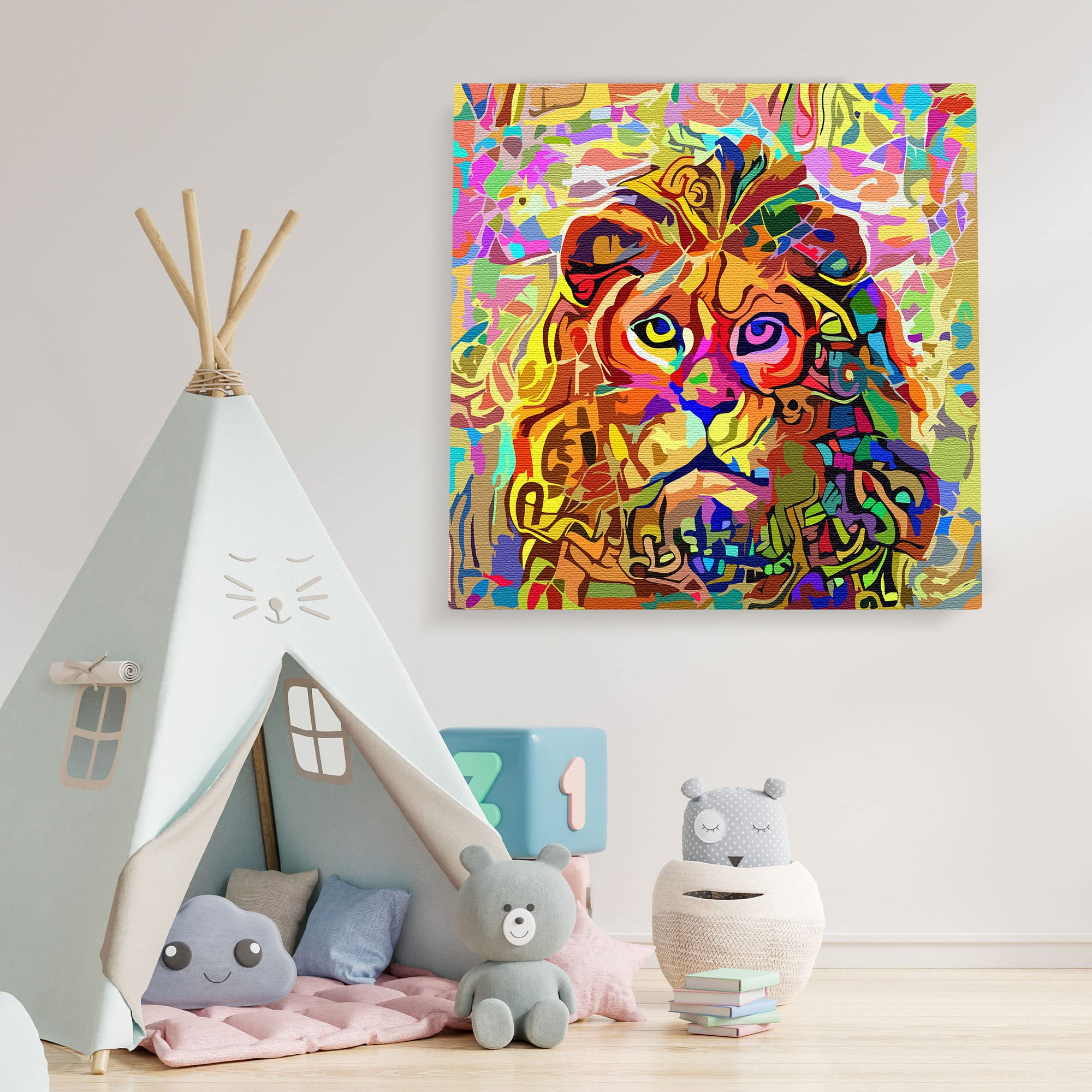 Colorful peaceful serene lion artwork on square canvas displayed on white wall in bright children's playroom with toys and teepee