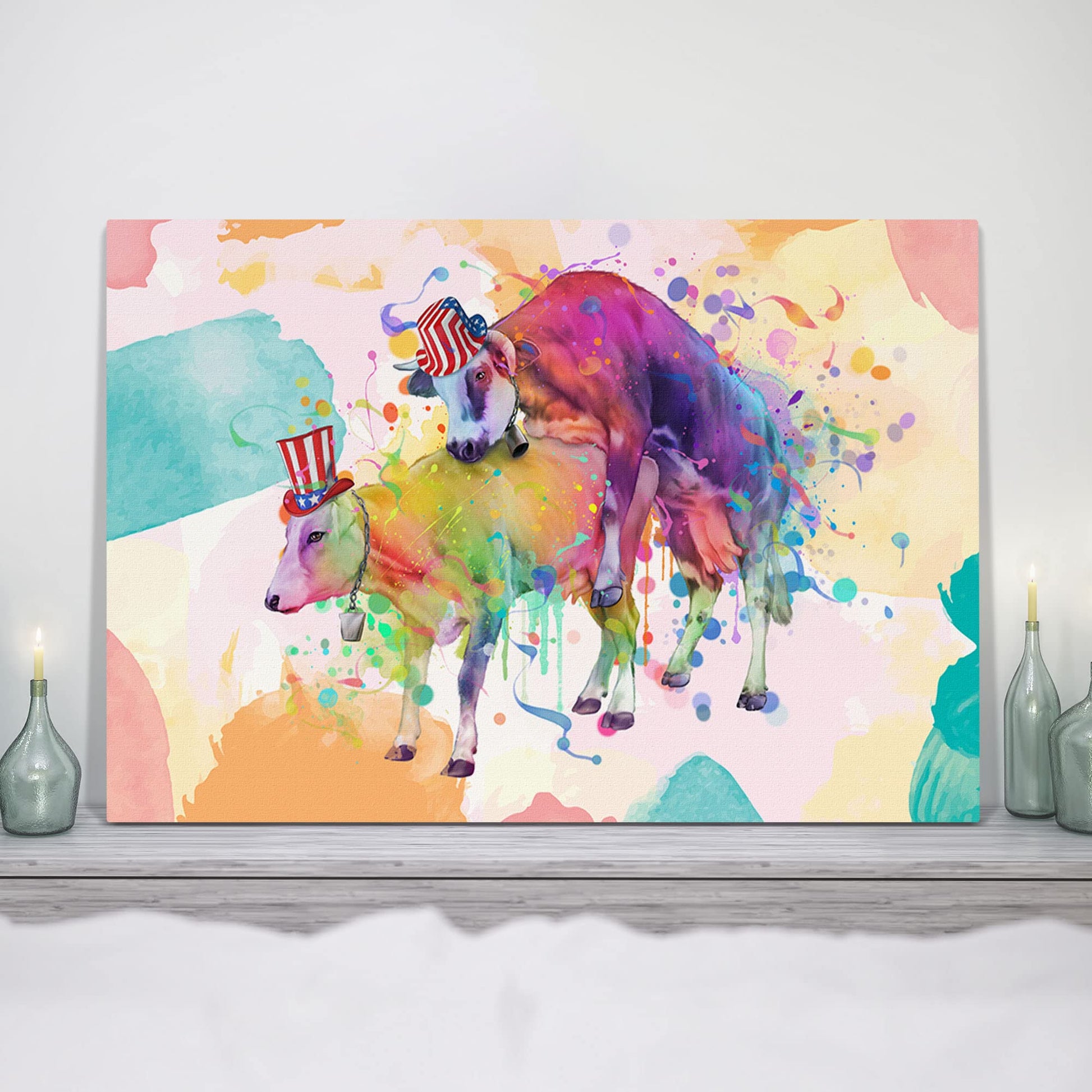 Colorful watercolor funny rude cows bathroom wall art with two cows wearing patriotic USA hats on abstract splash background